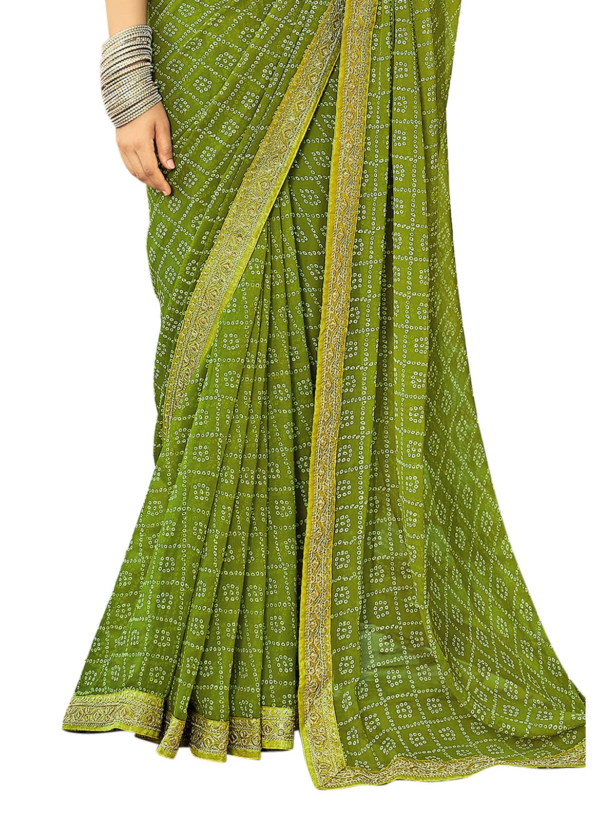 Olive Green Georgette Bandhani Saree with Lace Embroidery - Image 3