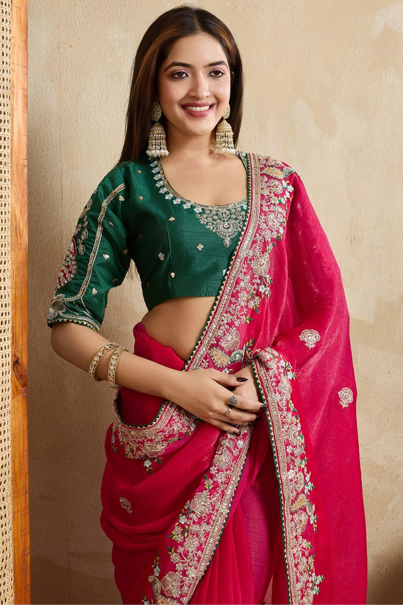 Fendy Chiffon Silk Saree with Embroidery - Pink - Image 3