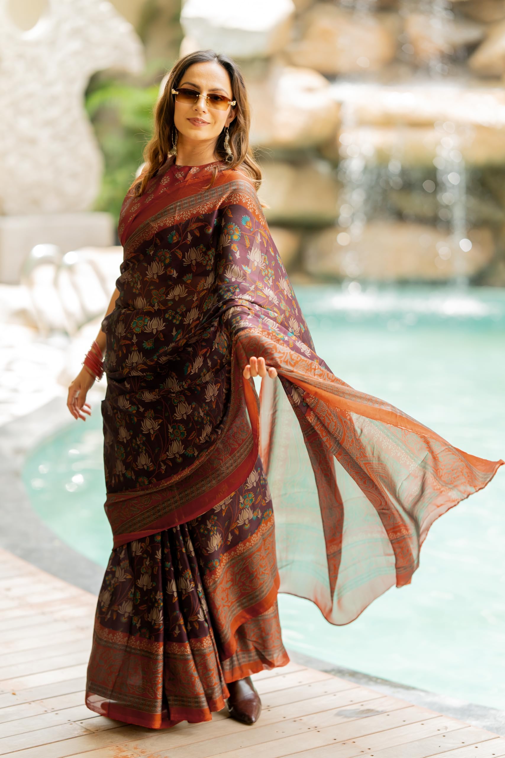 MIRCHI FASHION Chiffon Georgette Floral Saree for Women - Wine - Image 3