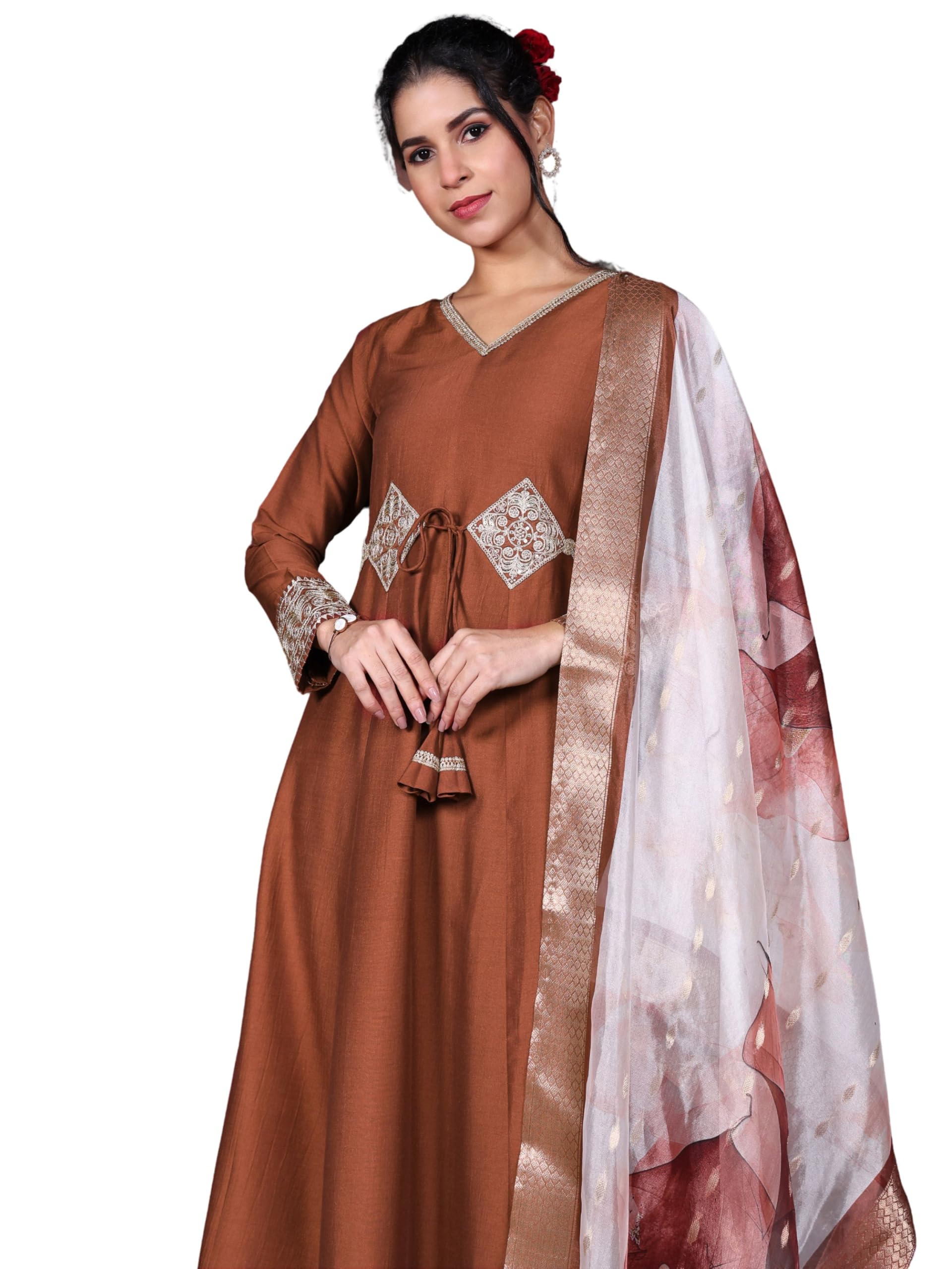 EthnicJunction Women Rust Cotton Silk Embroidered Anarkali Kurta