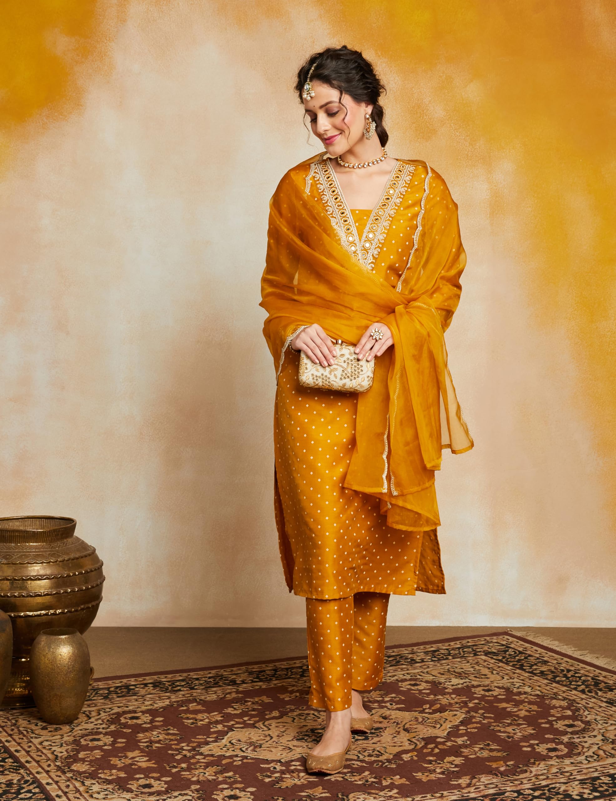Myx Women's Embroidered Kurta Set - Mustard - Image 5