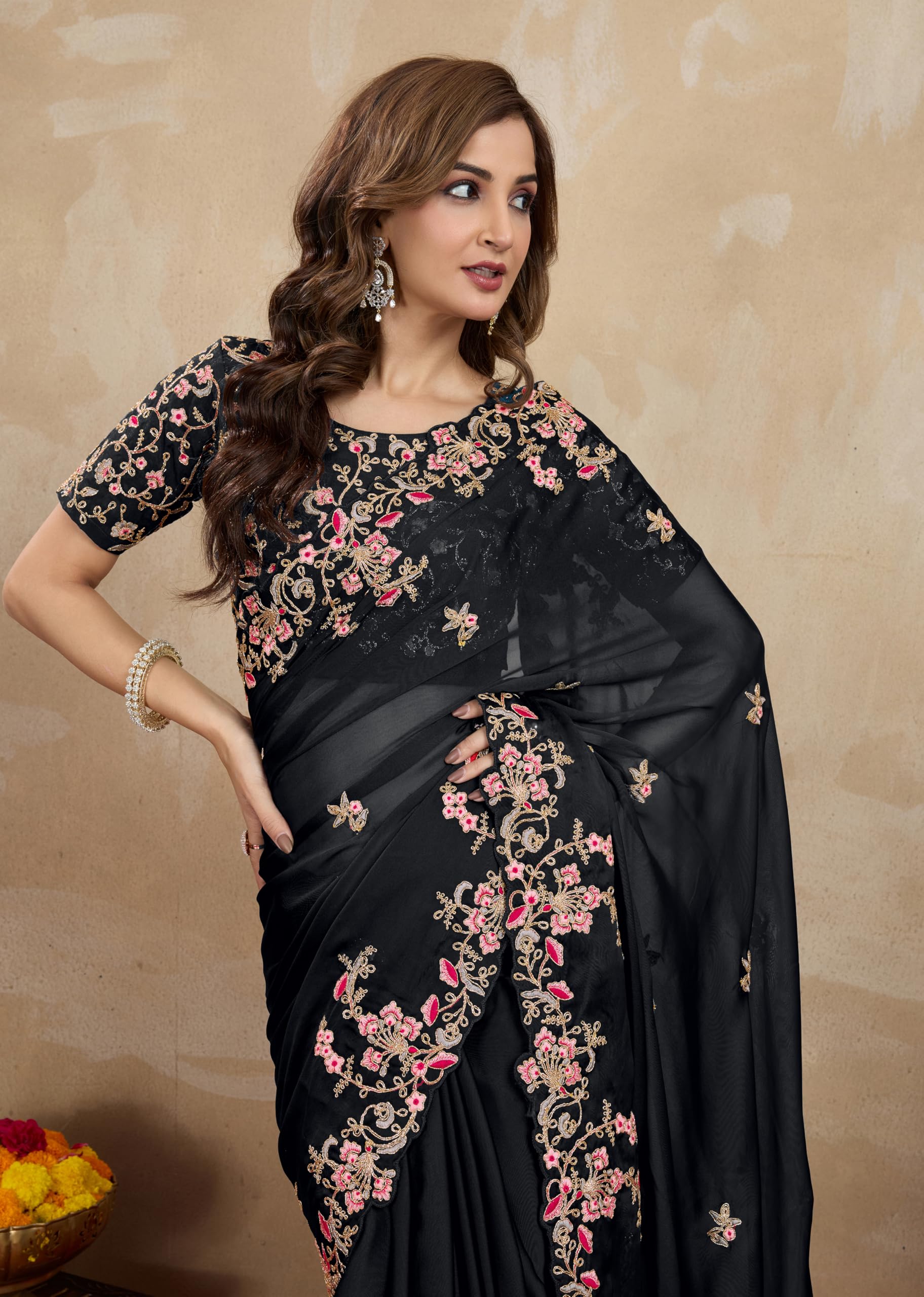 TRENDMALLS Women's Rangoli Silk Embroidred Saree - Black - Image 3