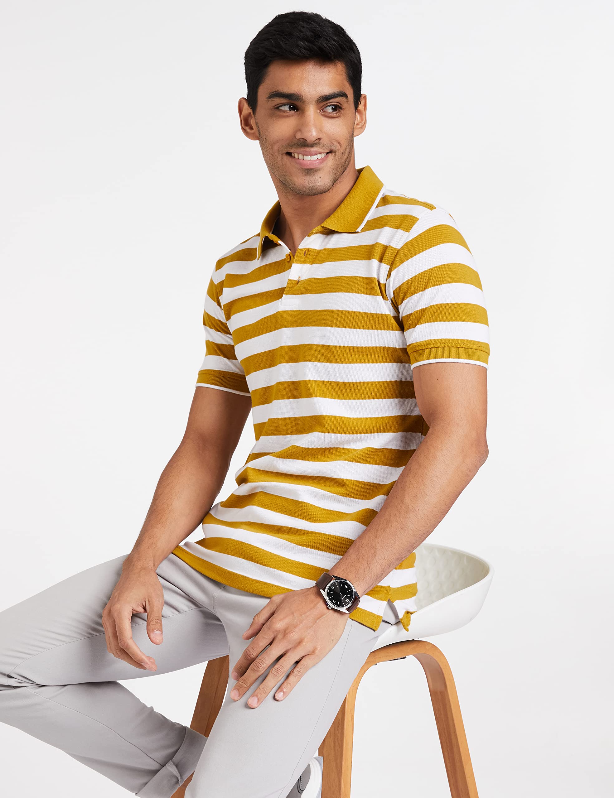 Amazon Men Striped Polo - Mineral Yellow White - Image 3