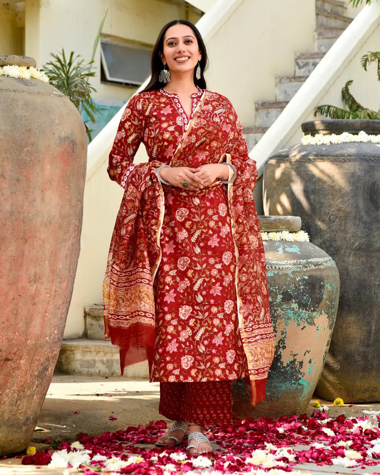 FABNEX Red Embroidered Kurta Pant Set for Women - Image 5
