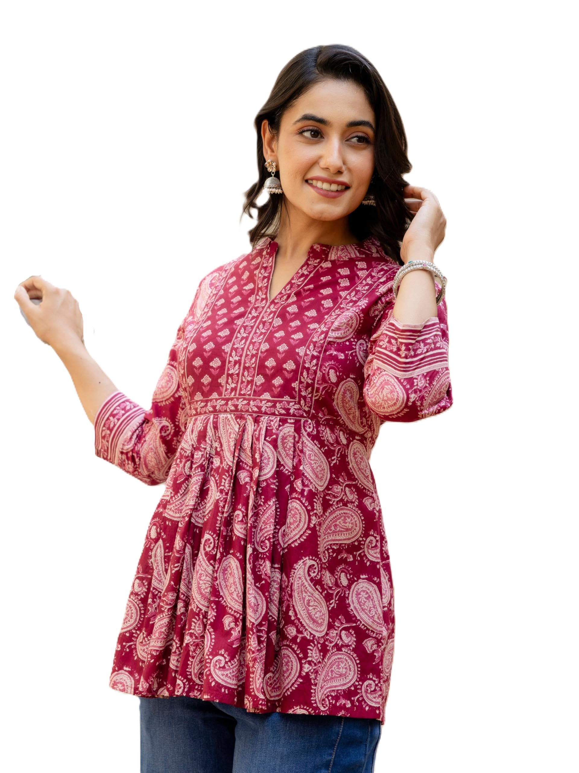 Arayna Women's Cotton Paisley Tunic Top - Maroon