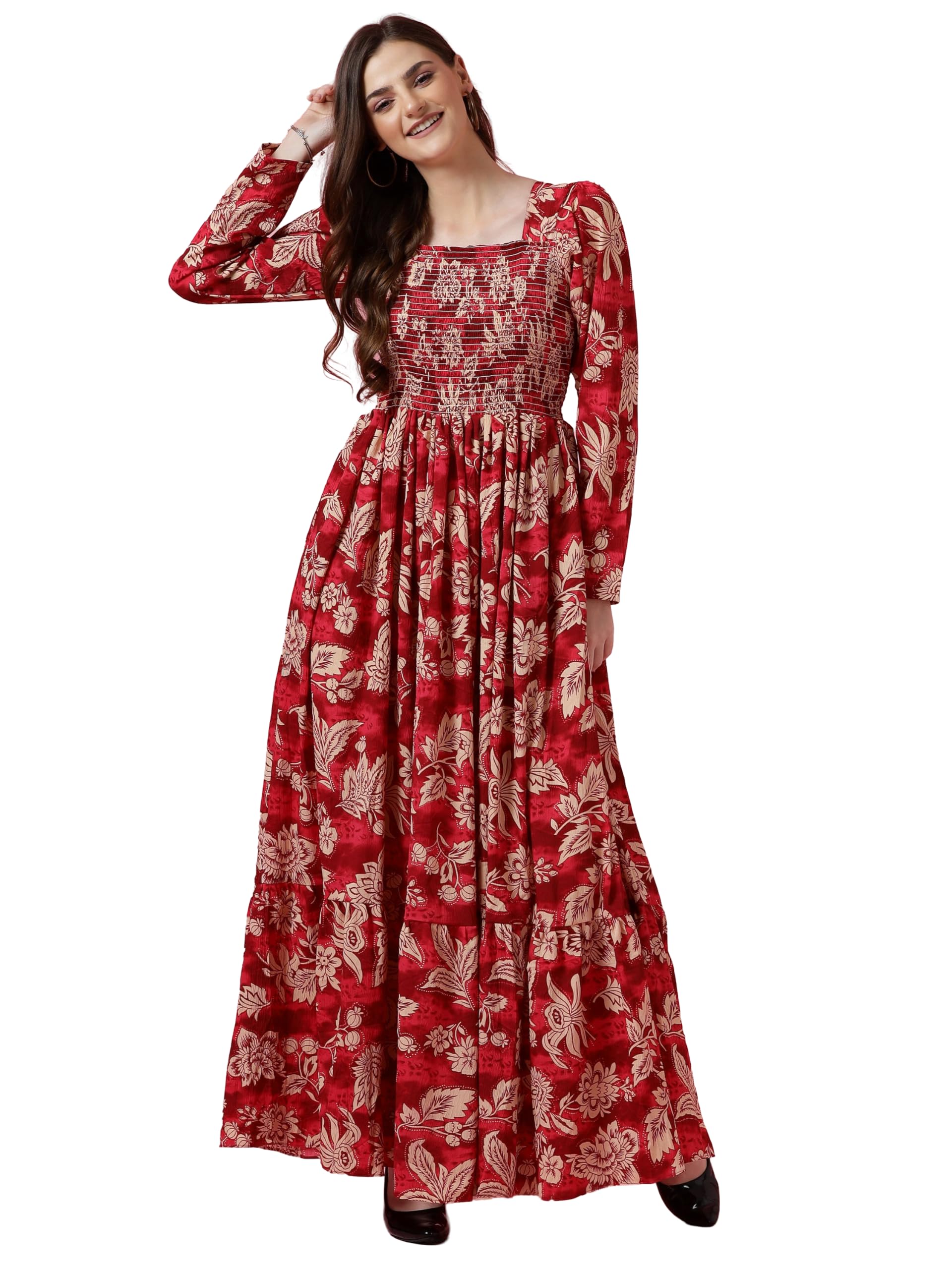 Sheetal Associates Red Floral Maxi Crepe Dress for Women