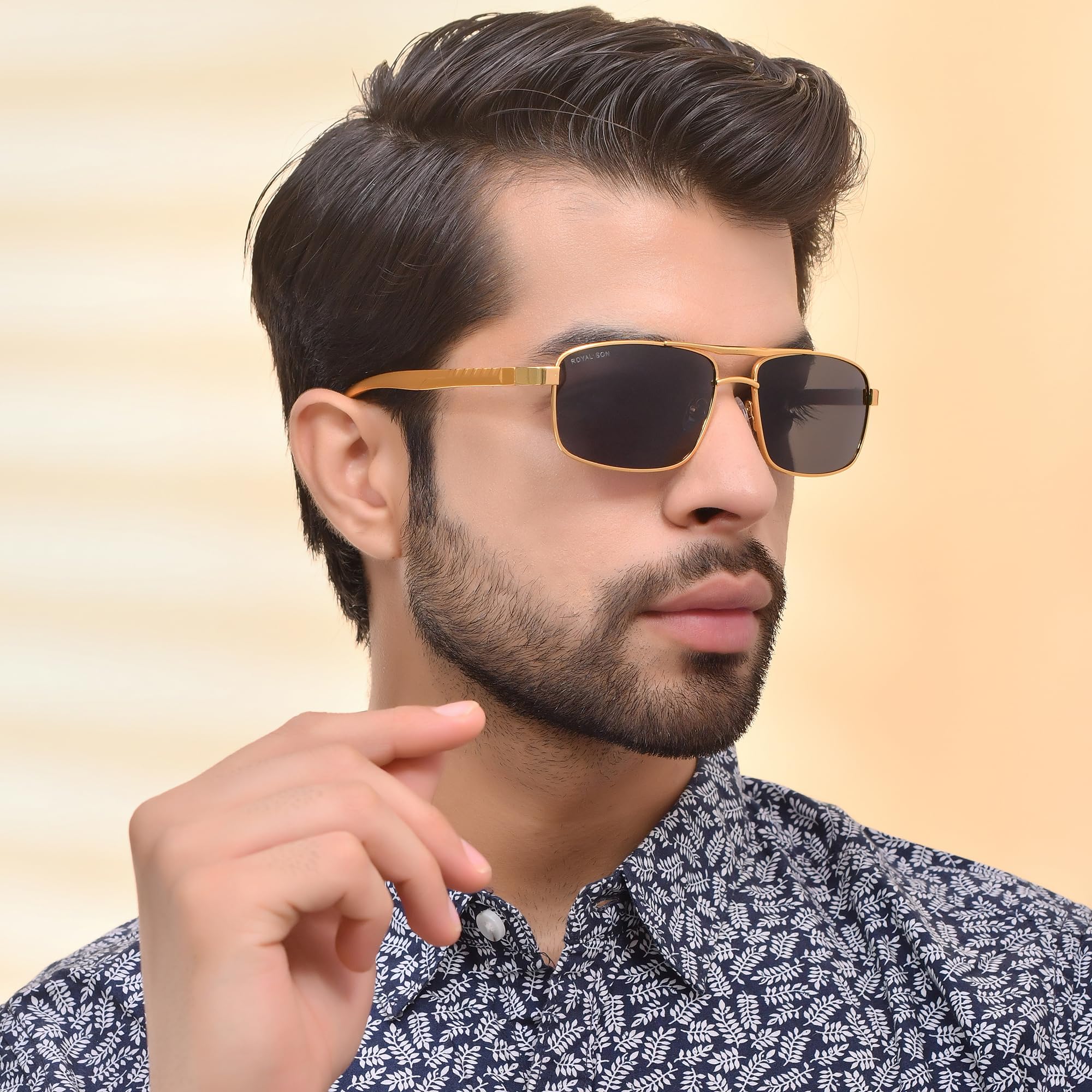 ROYAL SON Men Retro Rectangle Polarized Sunglasses - Golden Frame Black Lens - Image 2