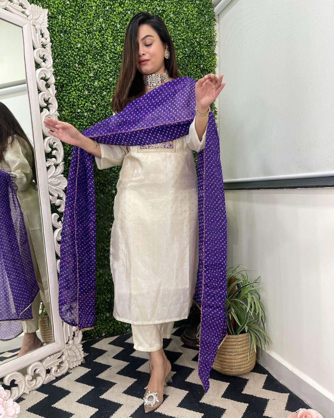 GoSriKi Women's Rayon Viscose Kurta with Pant & Dupatta - White - Image 3