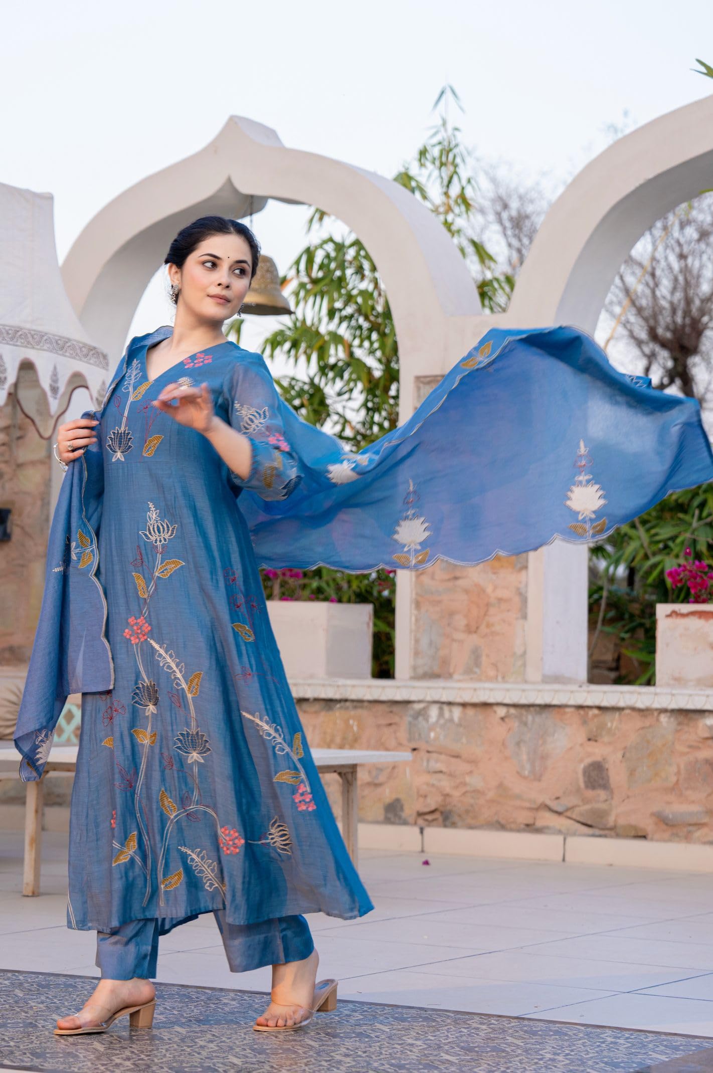 GoSriKi Blue Chanderi Cotton Embroidered Anarkali Kurta Set for Women - Image 2