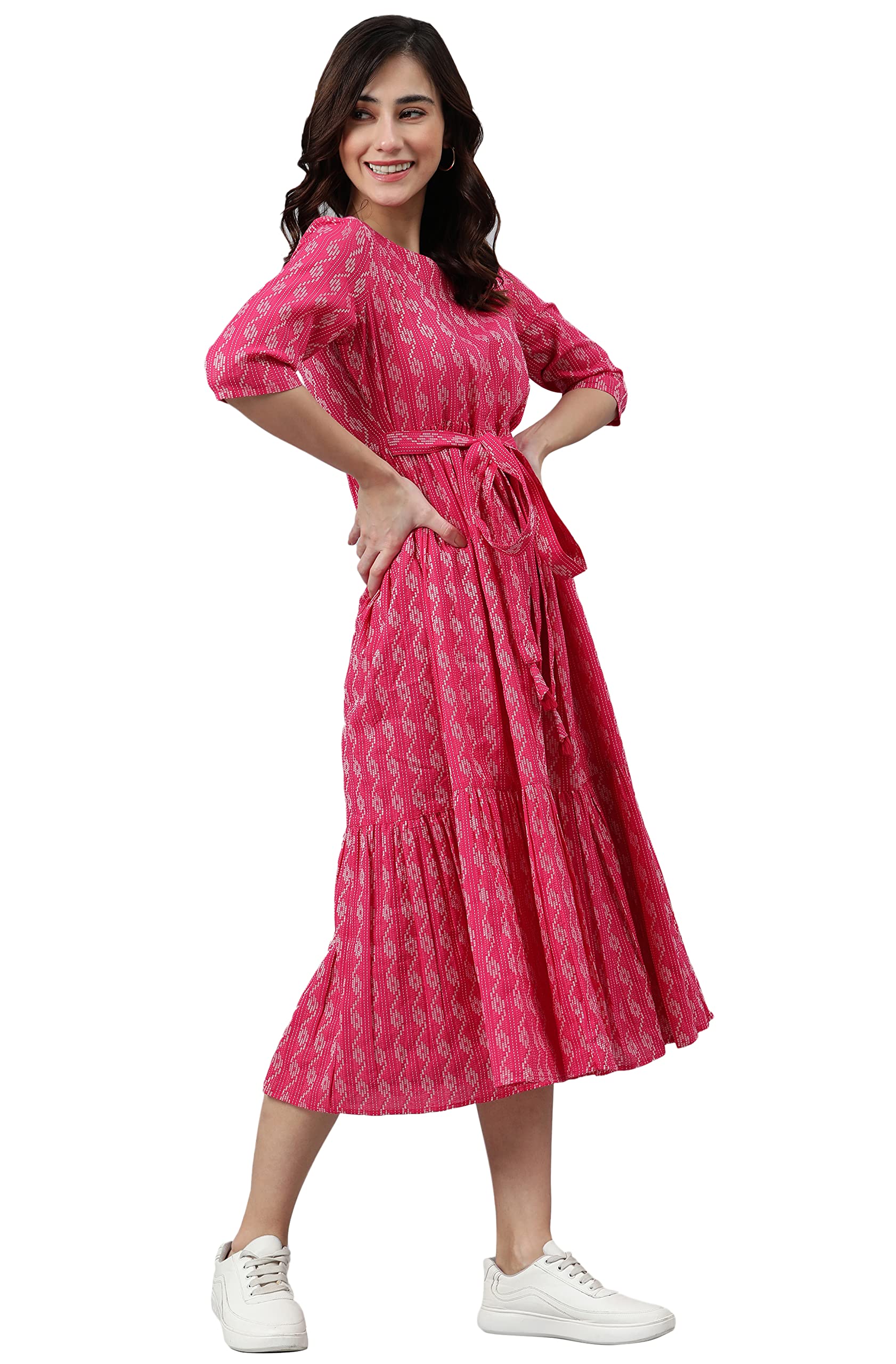 Janasya Women's Pink Cotton Tiered Dress - Image 2