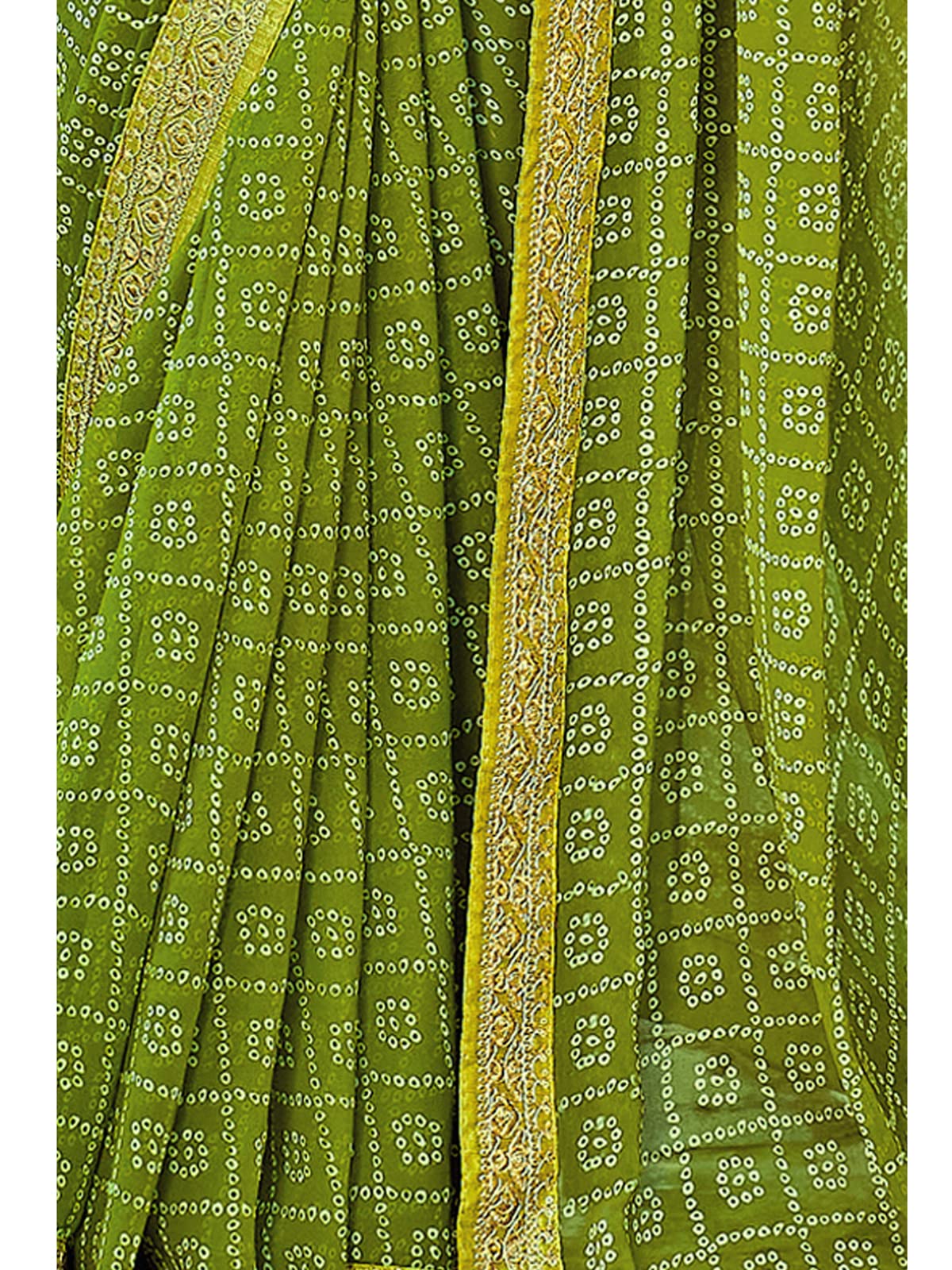 Olive Green Georgette Bandhani Saree with Lace Embroidery - Image 5