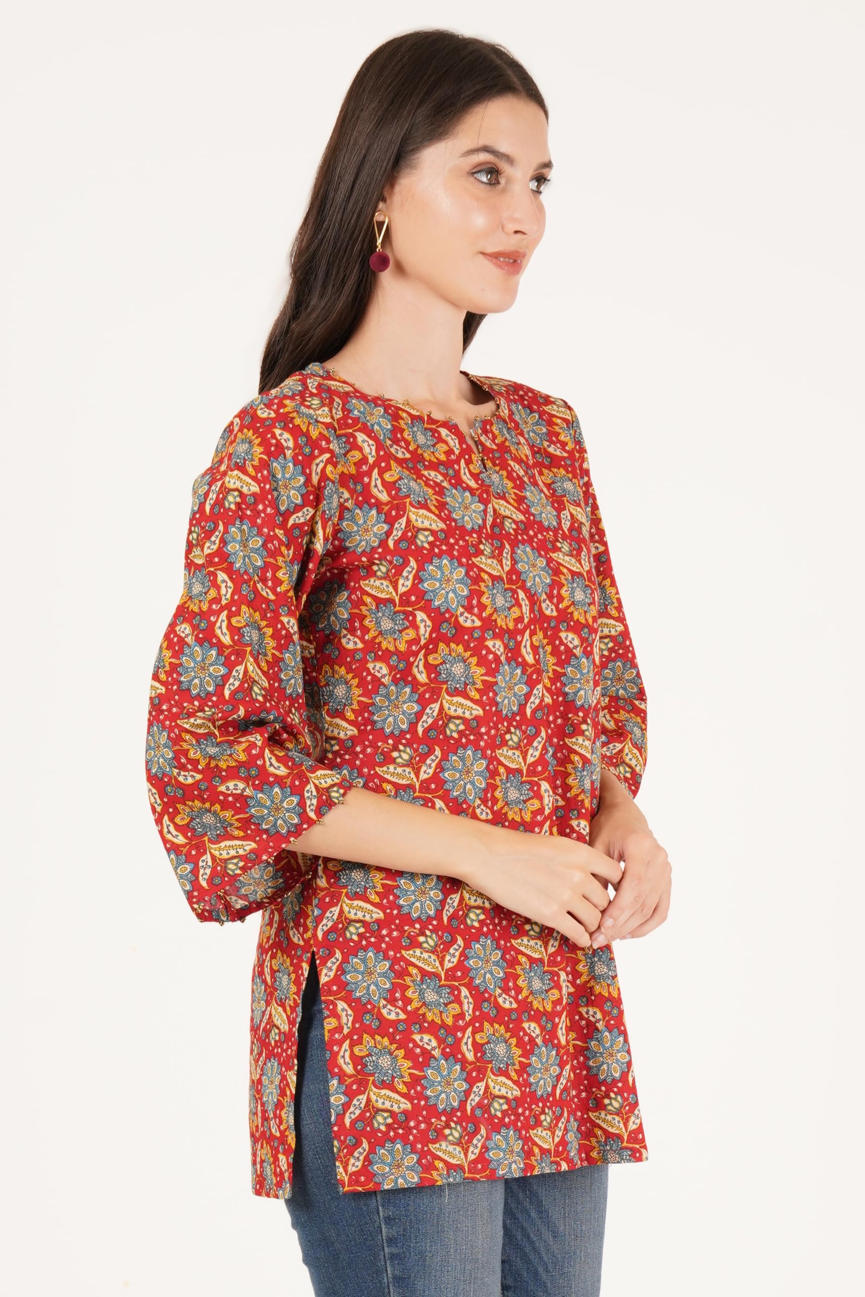 COTLAND Jaipuri Floral Printed Kurti for Women - Floral Flame - Image 2