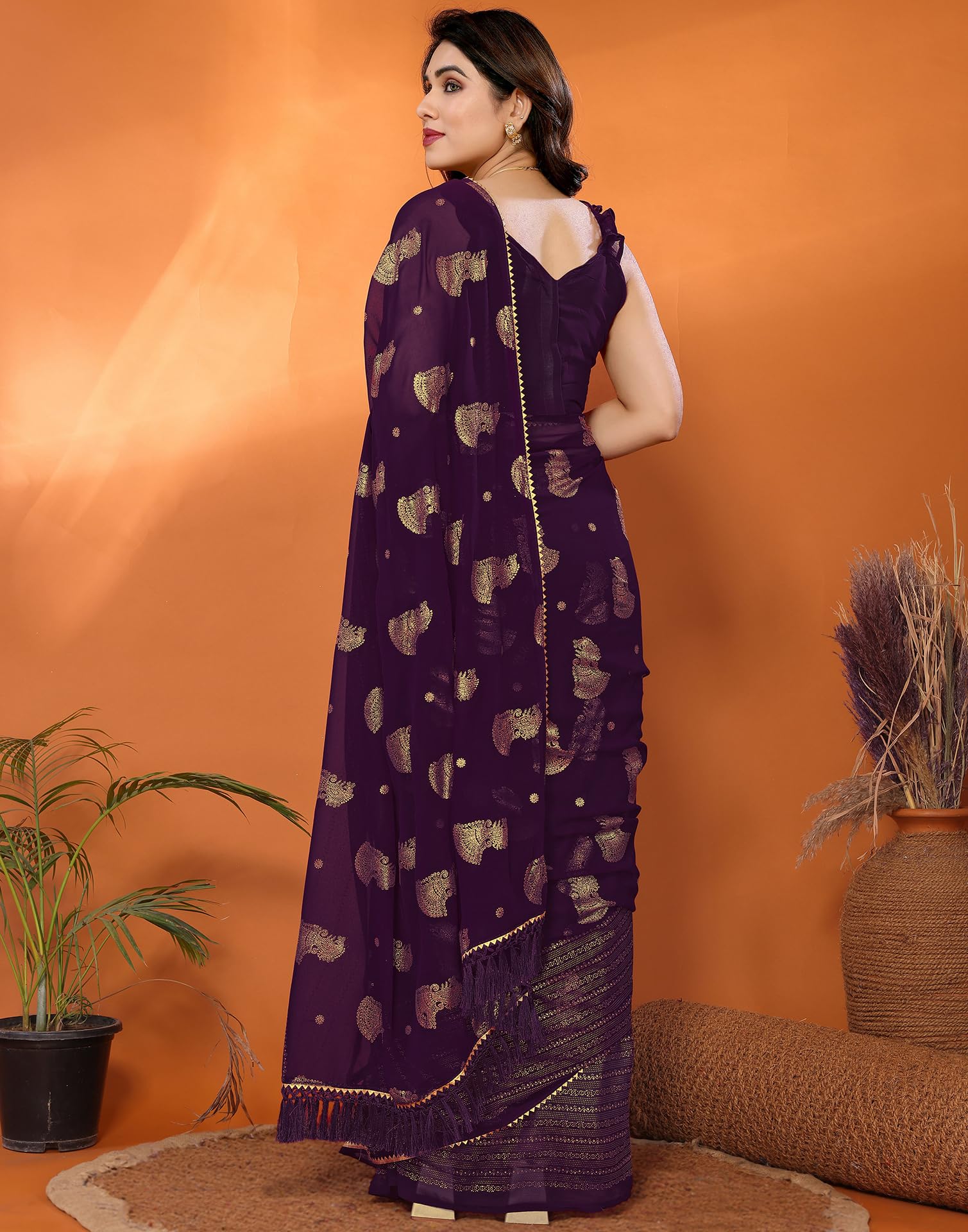 SIRIL Women's Georgette Foil Printed Saree - Purple - Image 3