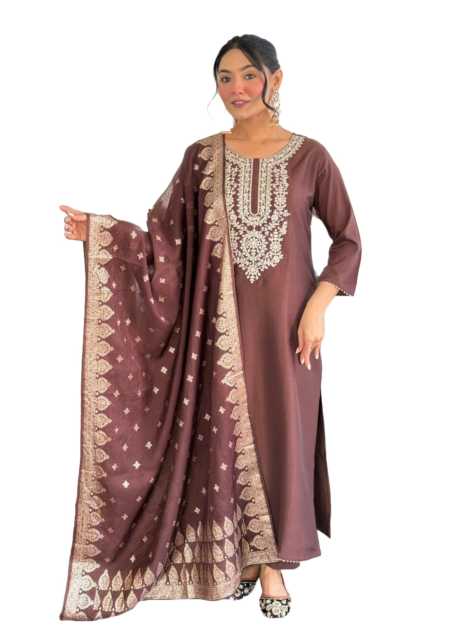 KLOSIA Women's Kurta Pant Set with Dupatta - Brown