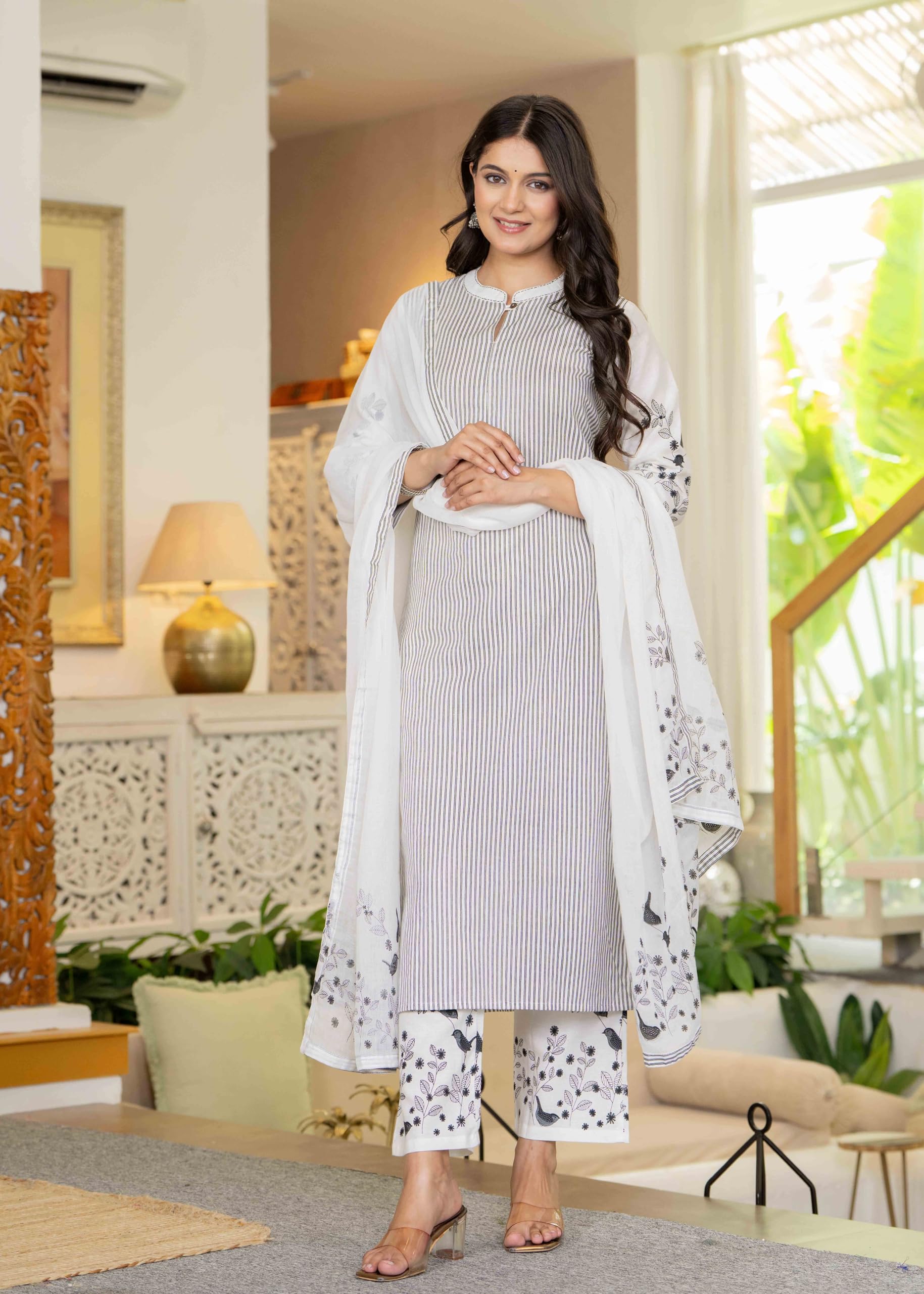 GarbGlide Women Cotton Striped Salwar Suit - Off White - Image 3