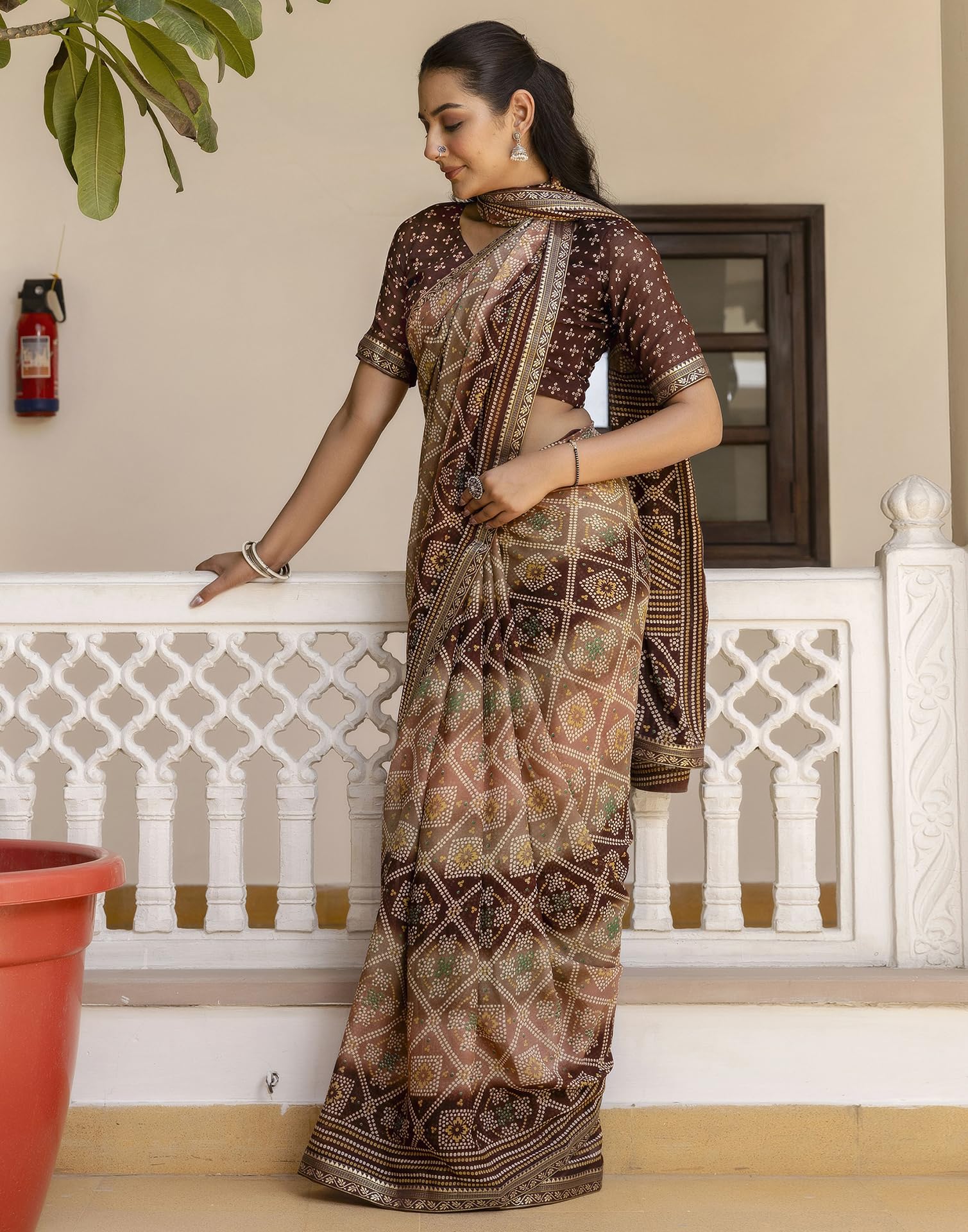 SIRIL Women's Georgette Bandhani Printed Saree - Brown - Image 5