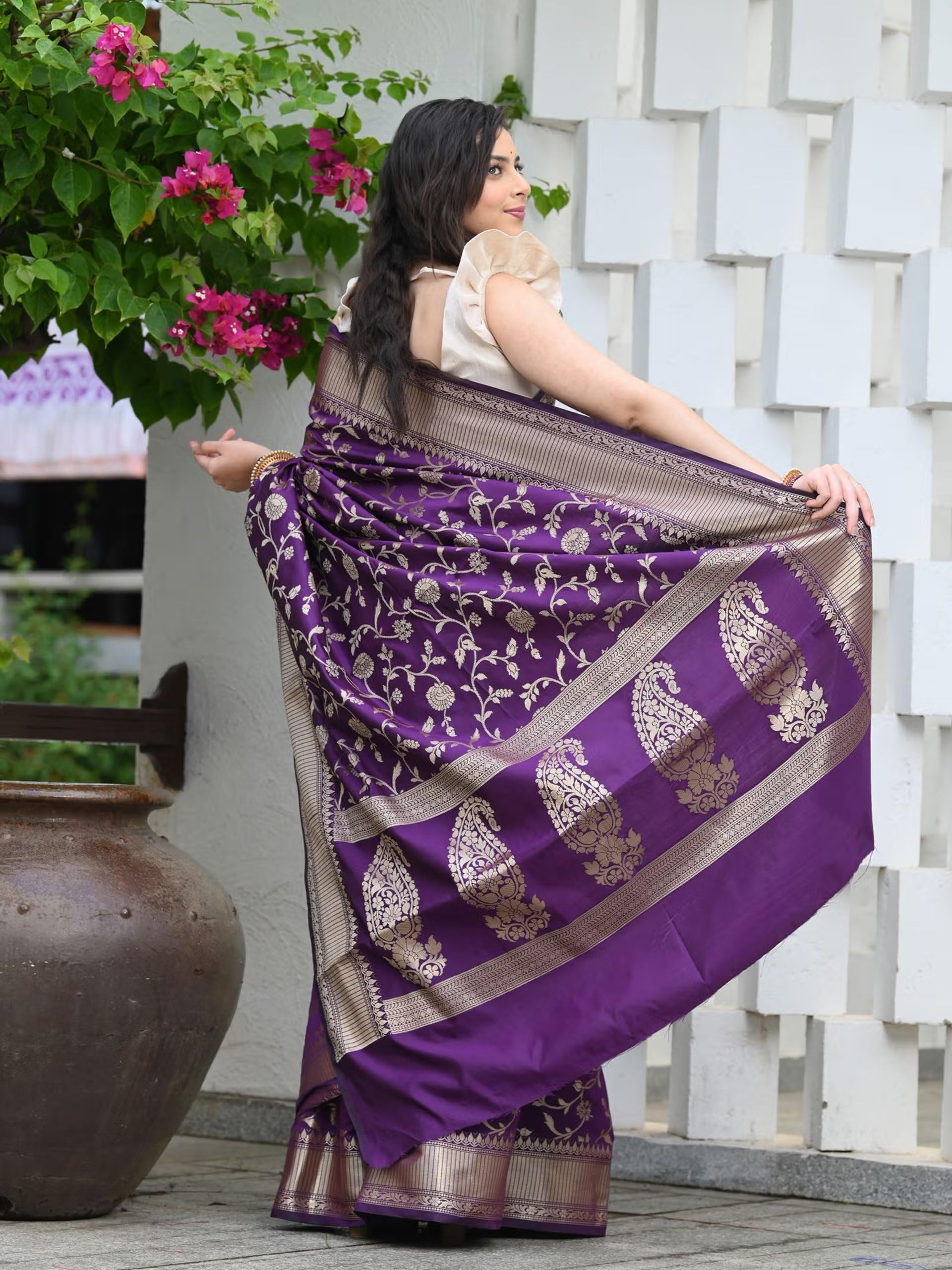 Sugathari Banarasi Saree - Purple Art Silk Zari Border - Image 2