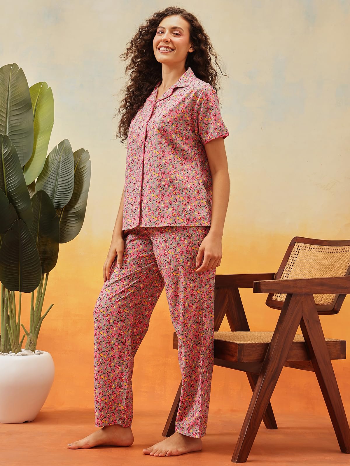 Clovia Women's Cotton Floral Printed Shirt & Pyjama Set - Pink - Image 5