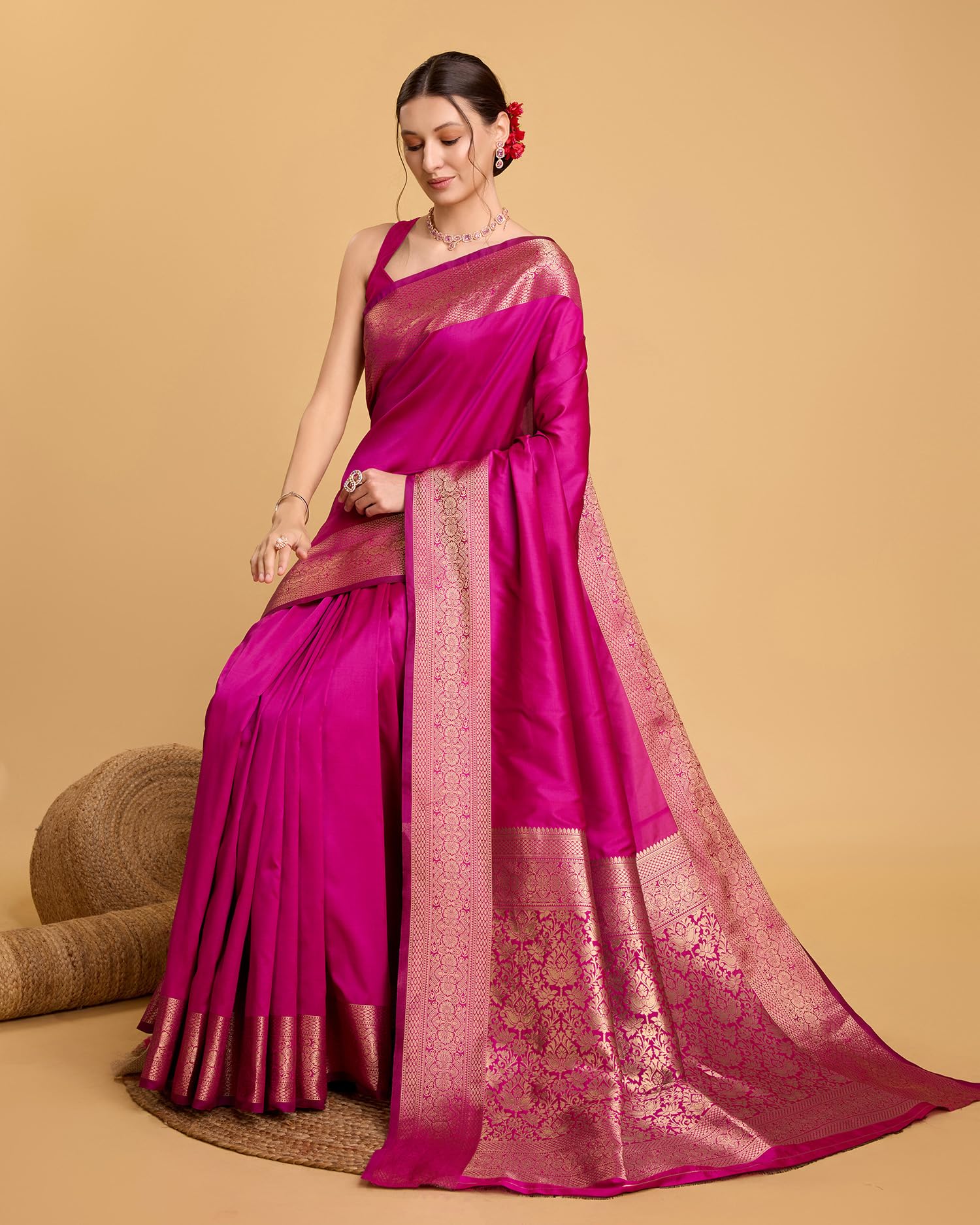 SWORNOF Women's Kanjivaram Saree - Dark Pink - Image 4