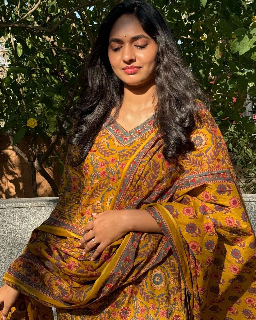 KLOSIA Women Printed Kurta Pant Set with Dupatta - Mustard Yellow - Image 4