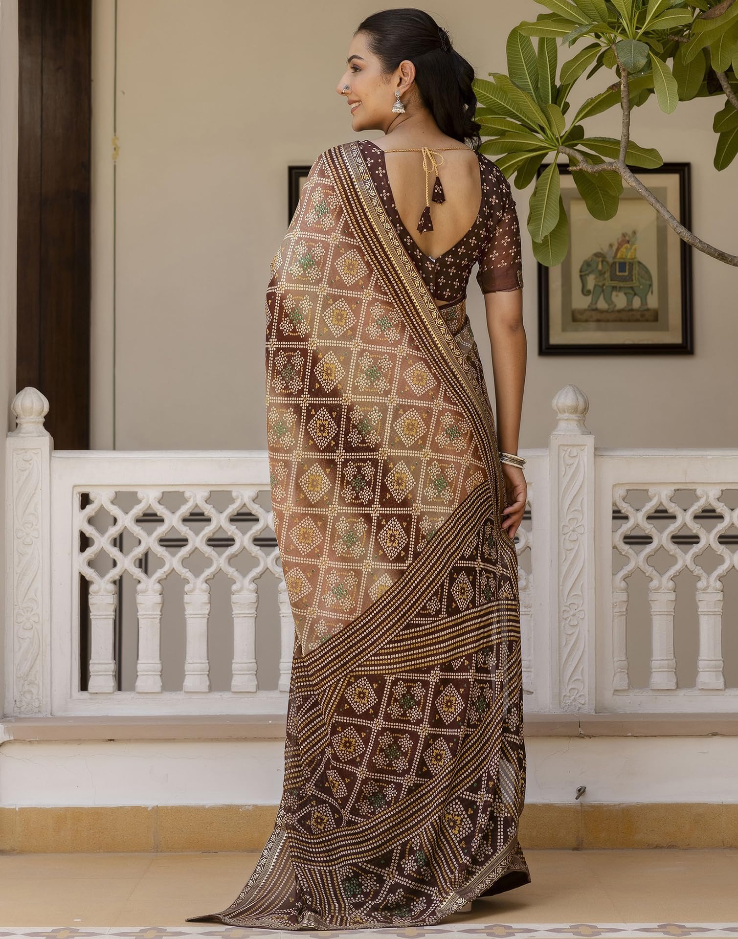 SIRIL Women's Georgette Bandhani Printed Saree - Brown - Image 4