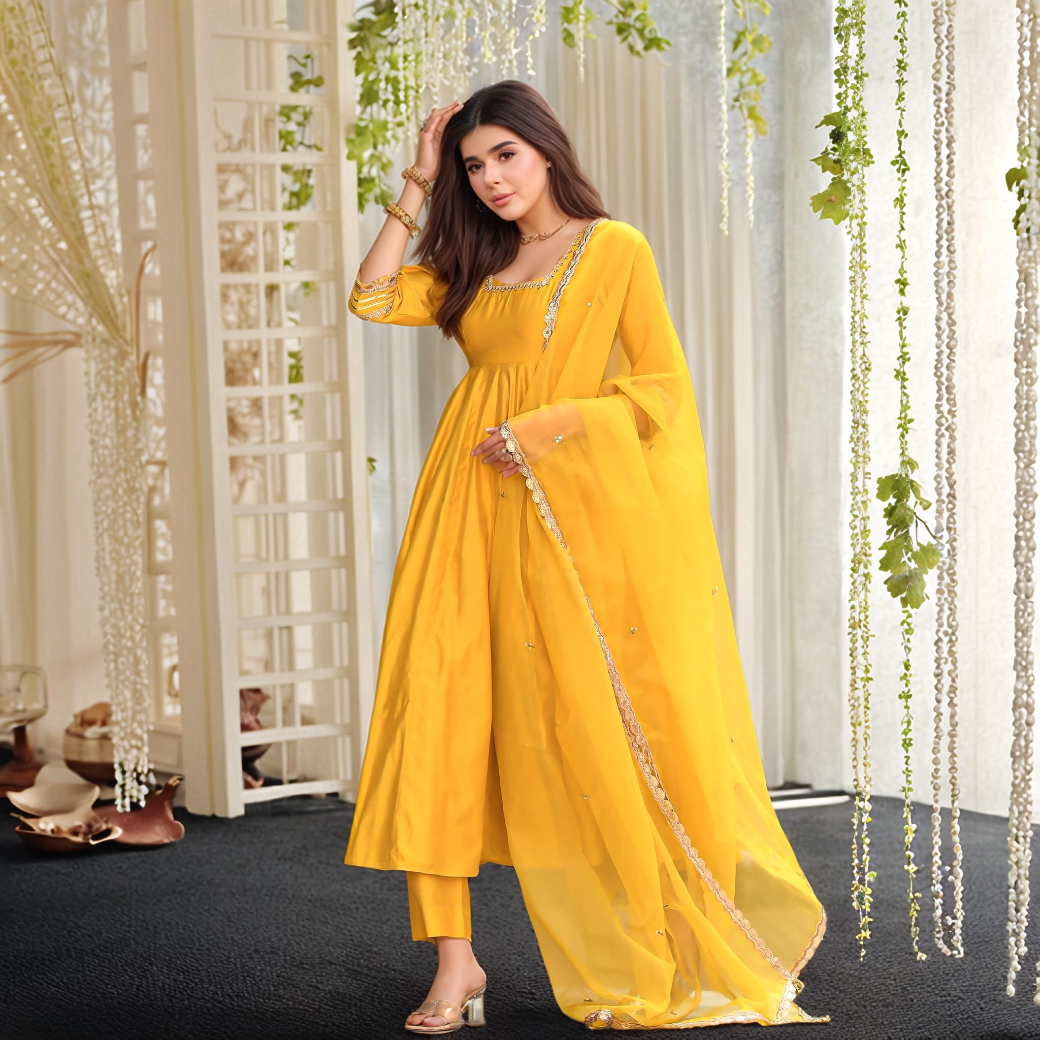 Yellow Rayon Viscose Anarkali Kurta Set for Women - Image 4
