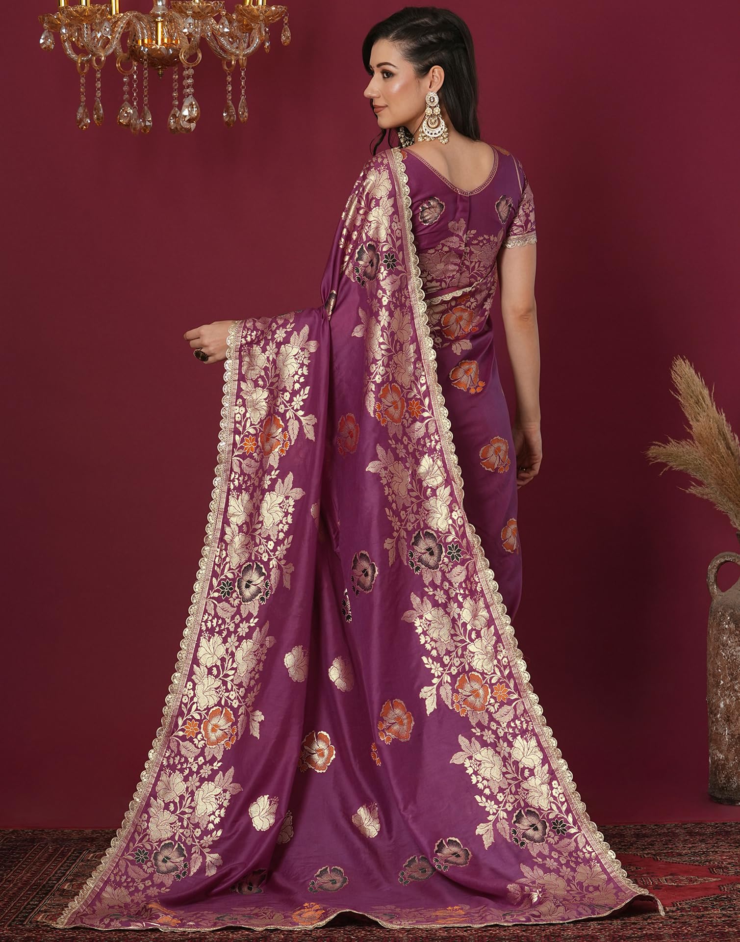 SIRIL Kanjivaram Silk Saree - Dark Mauve - Image 3