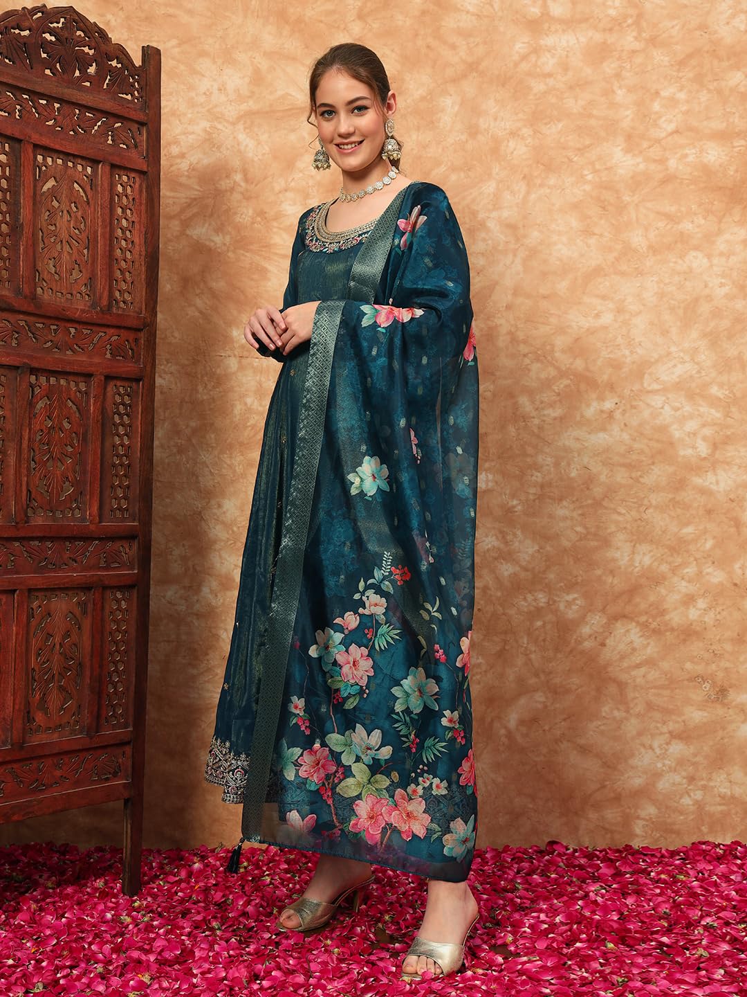 SHOPPING QUEEN Women's Silk Embroidered Kurta Pyjama Set - Prussian Blue - Image 3