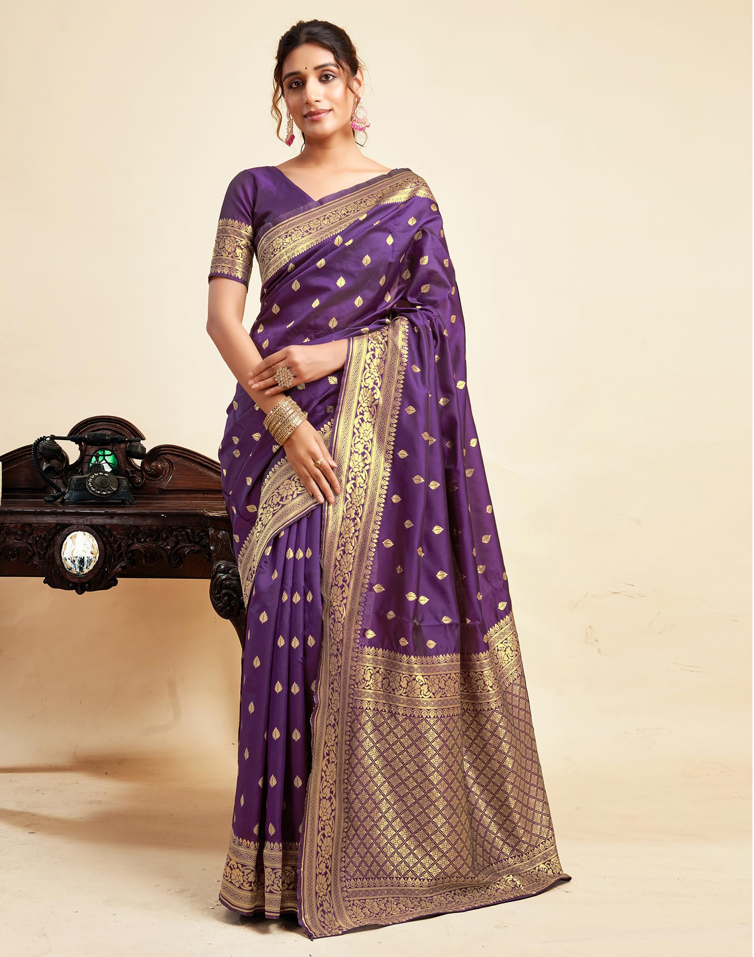 Banarasi Silk Saree - Purple Zari Work - Image 4