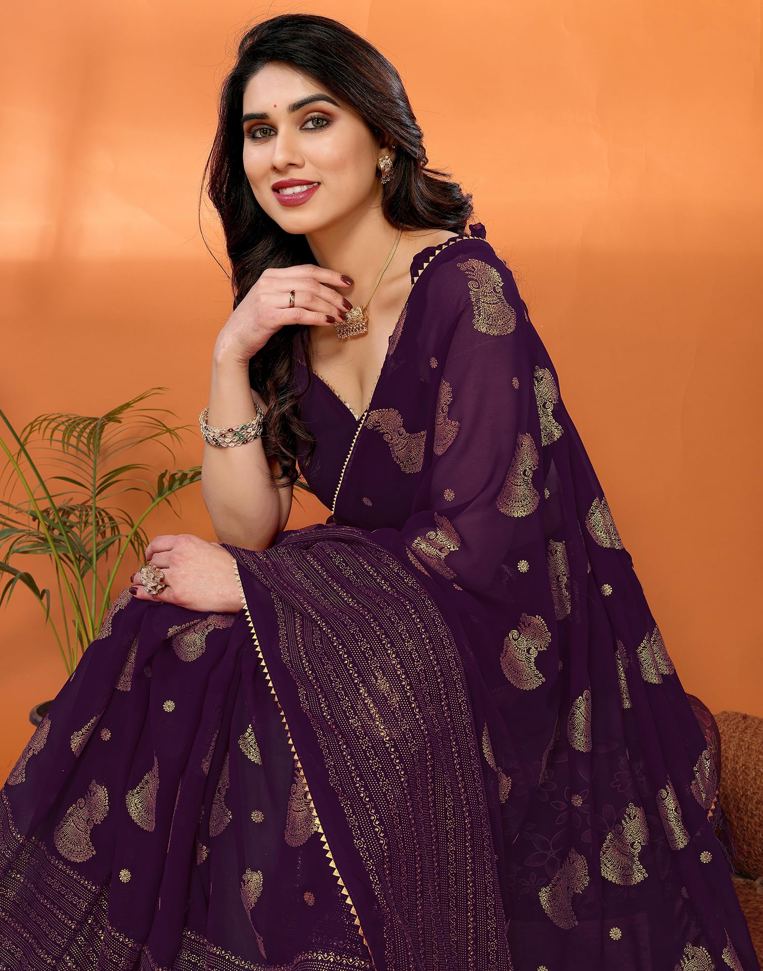 SIRIL Women's Georgette Foil Printed Saree - Purple - Image 5