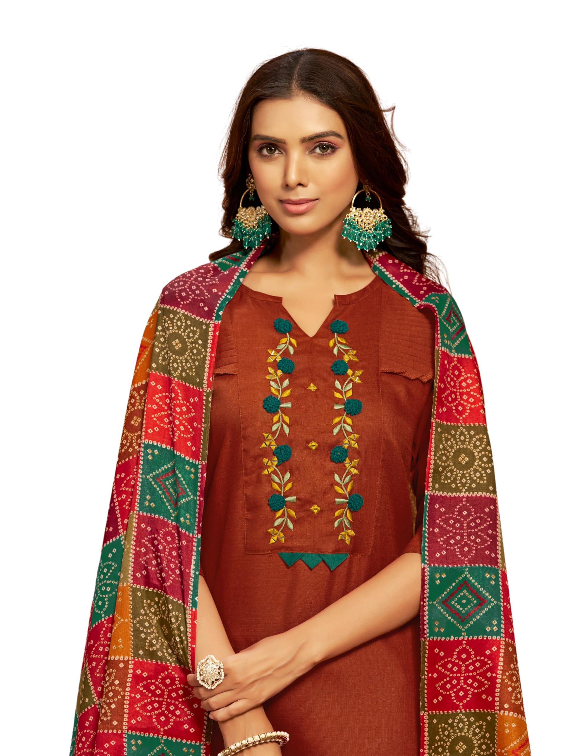 EthnicJunction Embroidered Salwar Kurta Dupatta Set - Rust