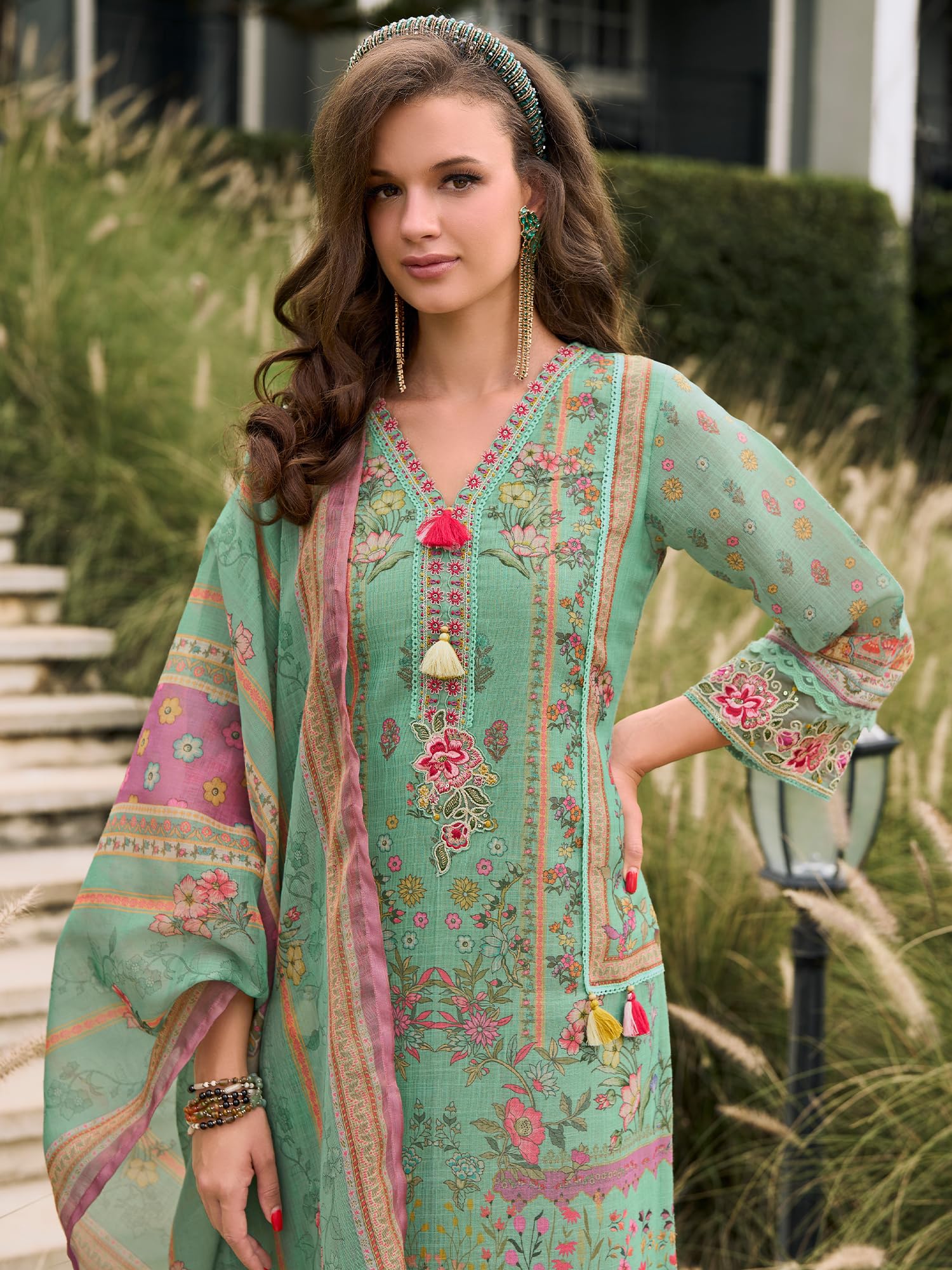 INDO ERA Women's Linen Floral Kurta Set - Sea Green - Image 2