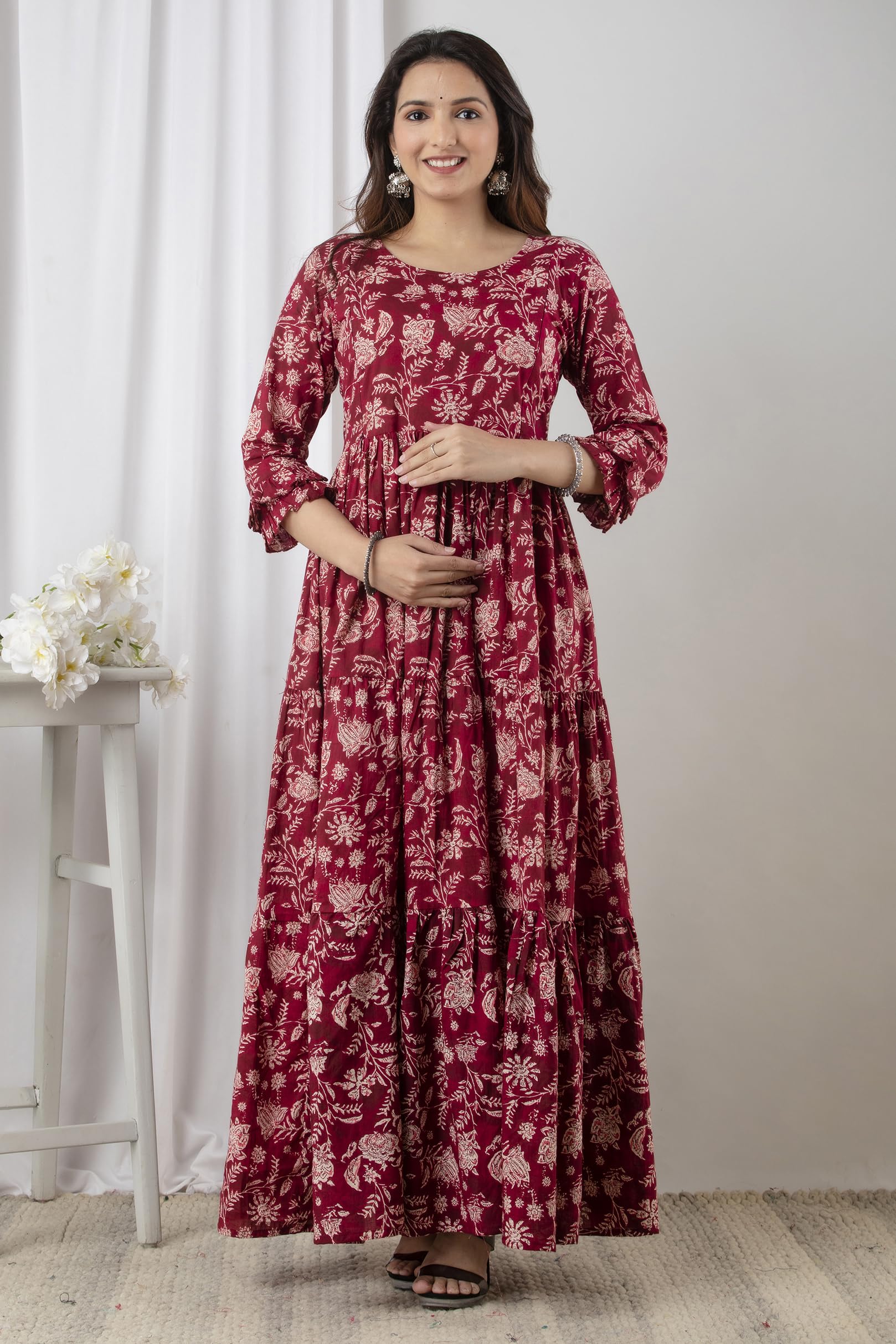 Maroon Cotton Maternity Maxi Dress for Nursing - Image 5