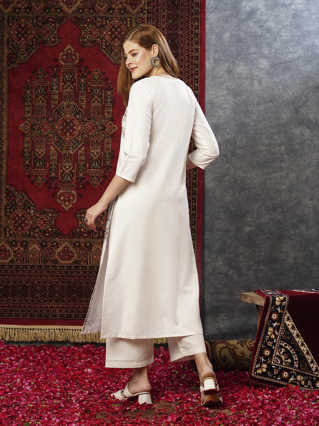 GoSriKi Cream Cotton Kurta Pant Set for Women - Image 2