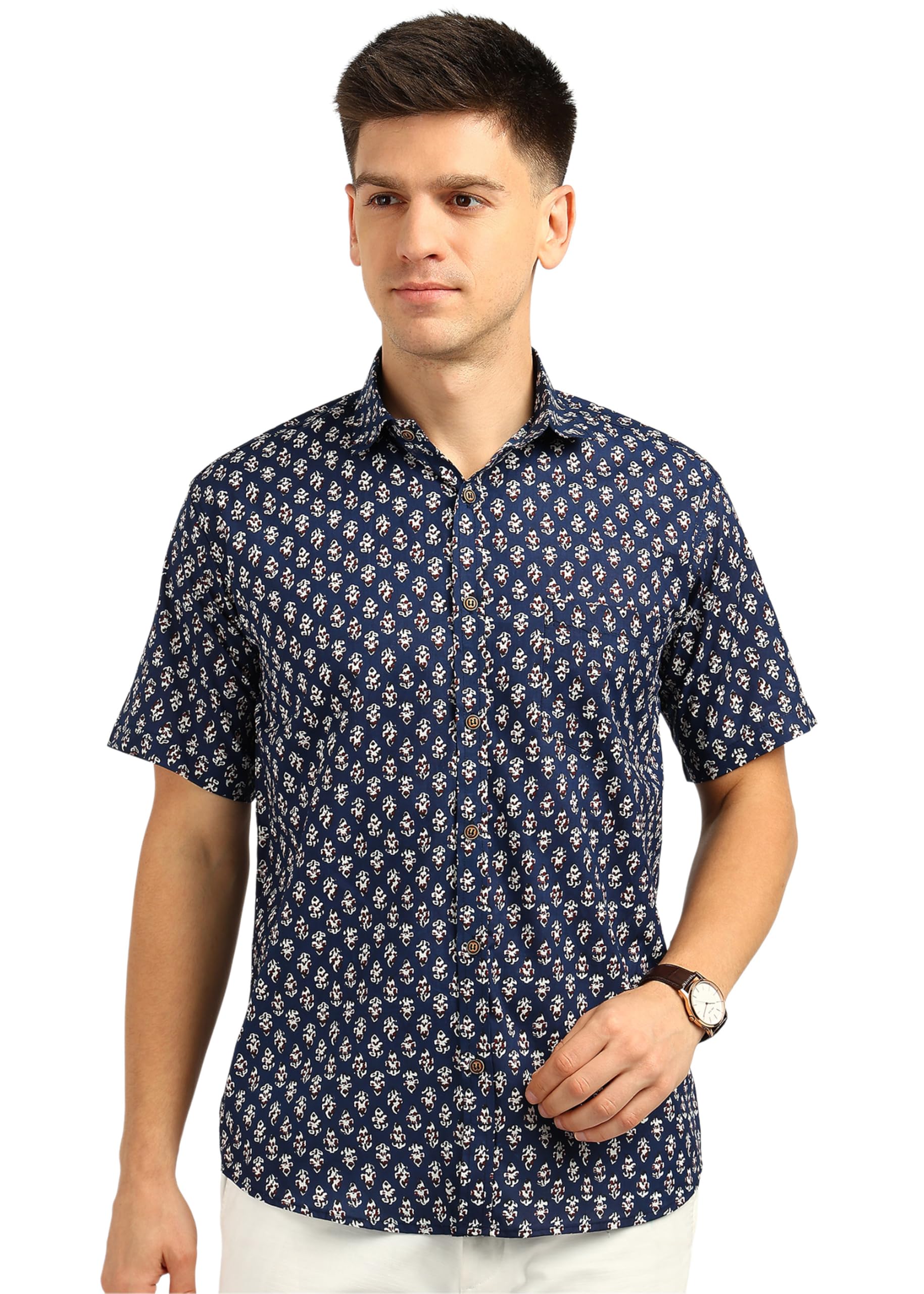 BLOCKS OF INDIA Men's Hand Block Printed Cotton Shirt - Blue Red Buti