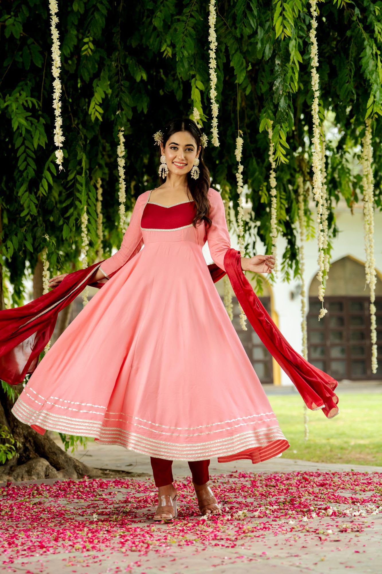 GoSriKi Women's Anarkali Kurta with Pant & Dupatta - Peach - Image 4