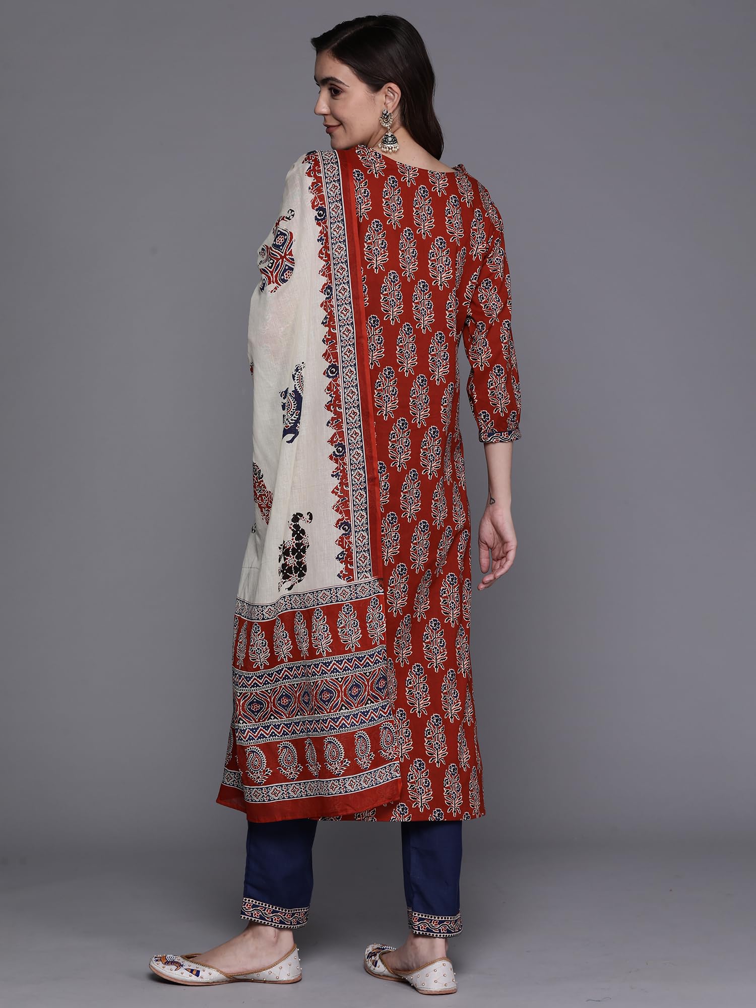 INDO ERA Cotton Rust Printed Kurta Set for Women - Image 4