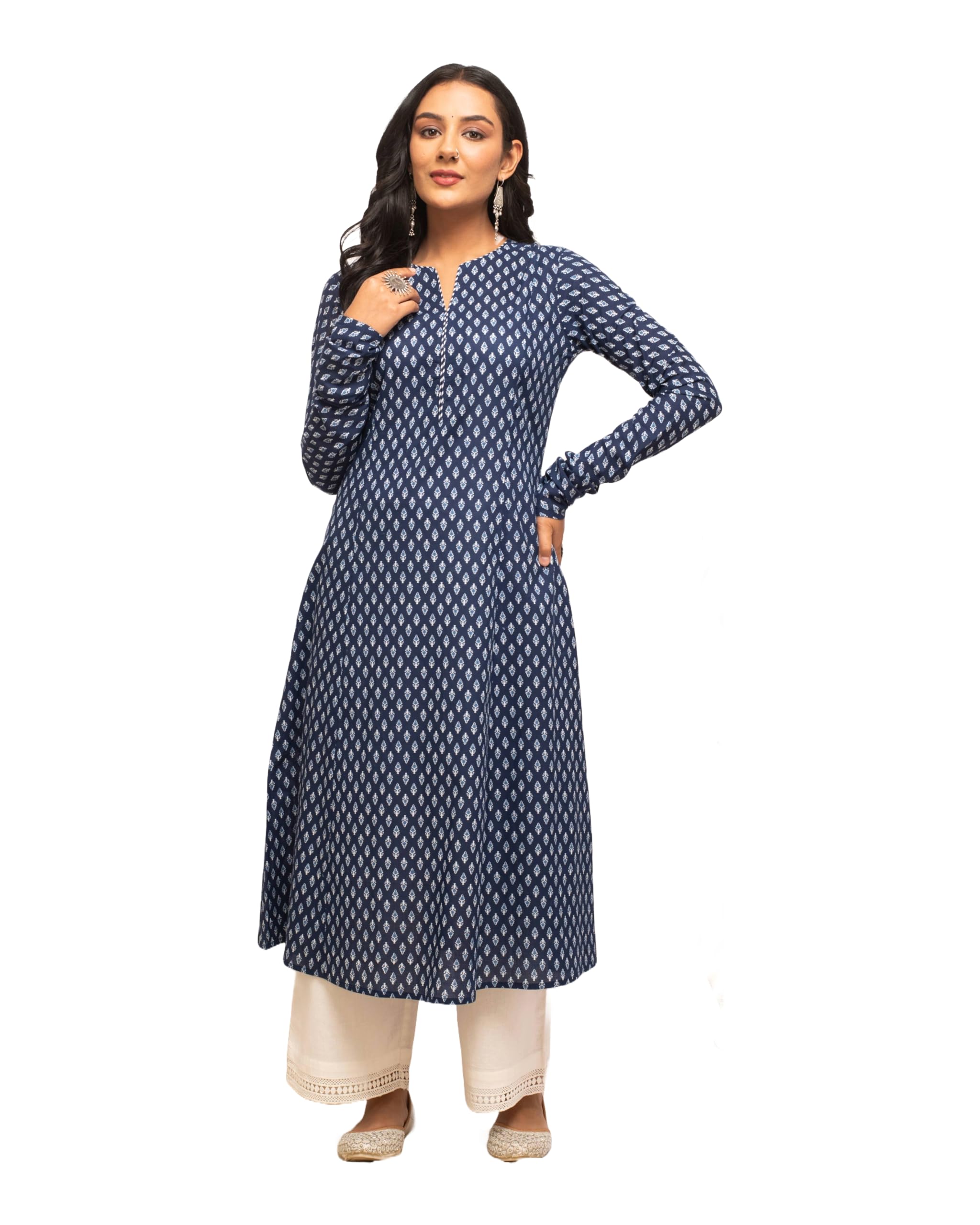 FIORRA Navy Blue Floral Cotton A-Line Kurta for Women