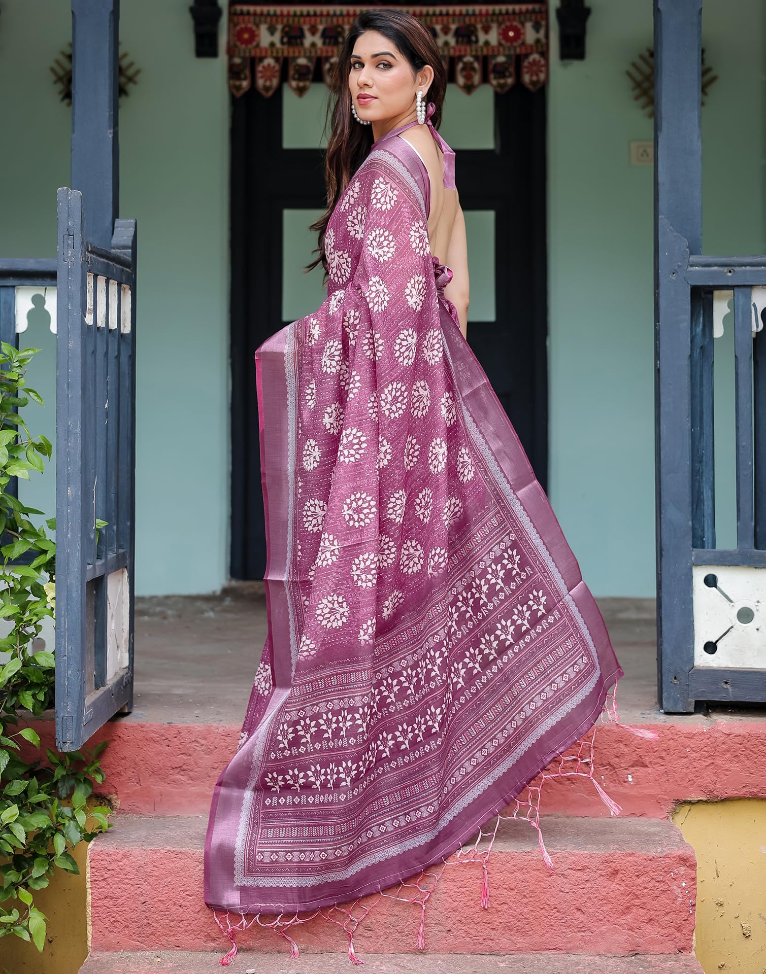 SIRIL Women's Cotton Linen Printed Saree - Pink - Image 3