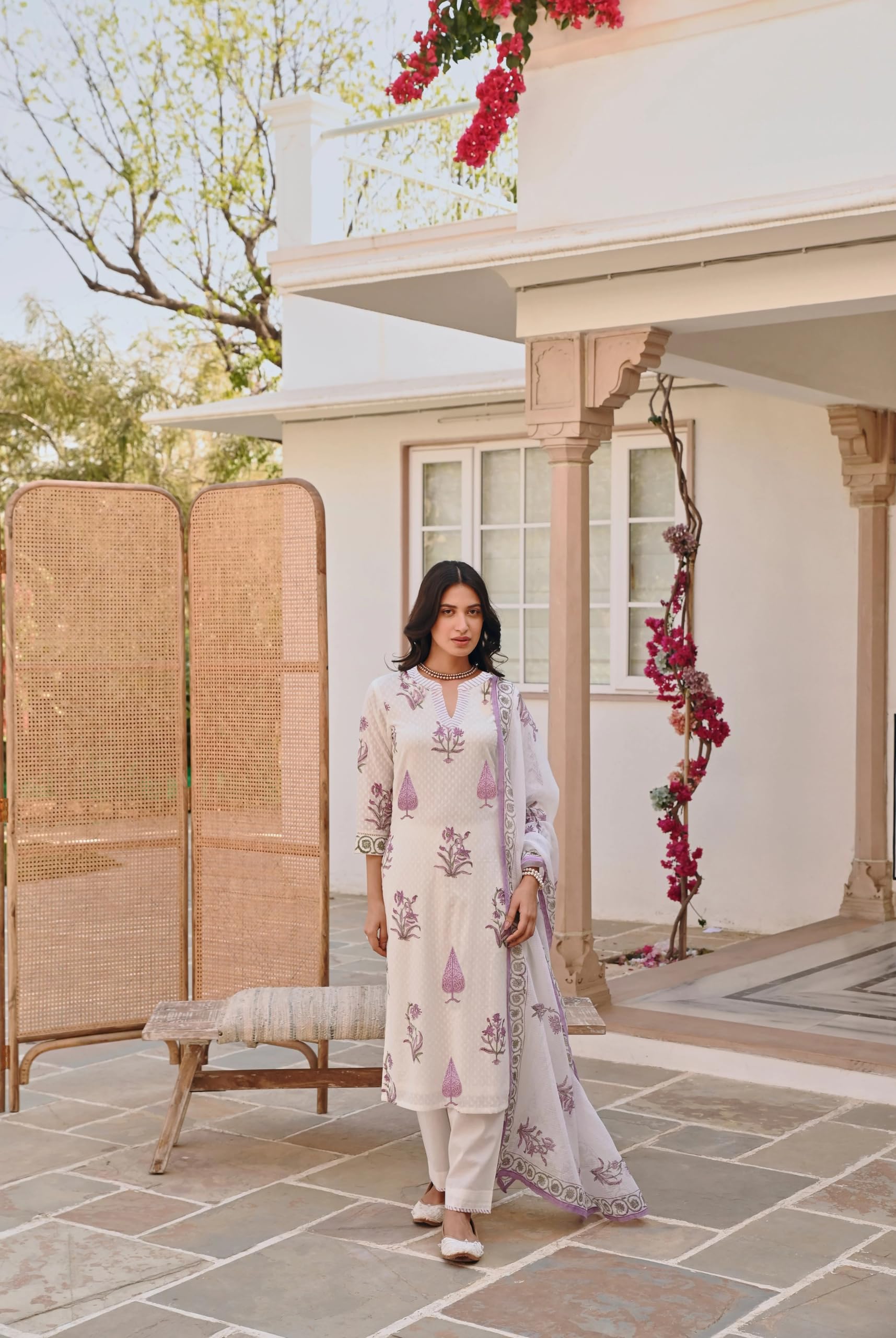 FABNEX Women's Cotton Blend Kurta Set - White - Image 5