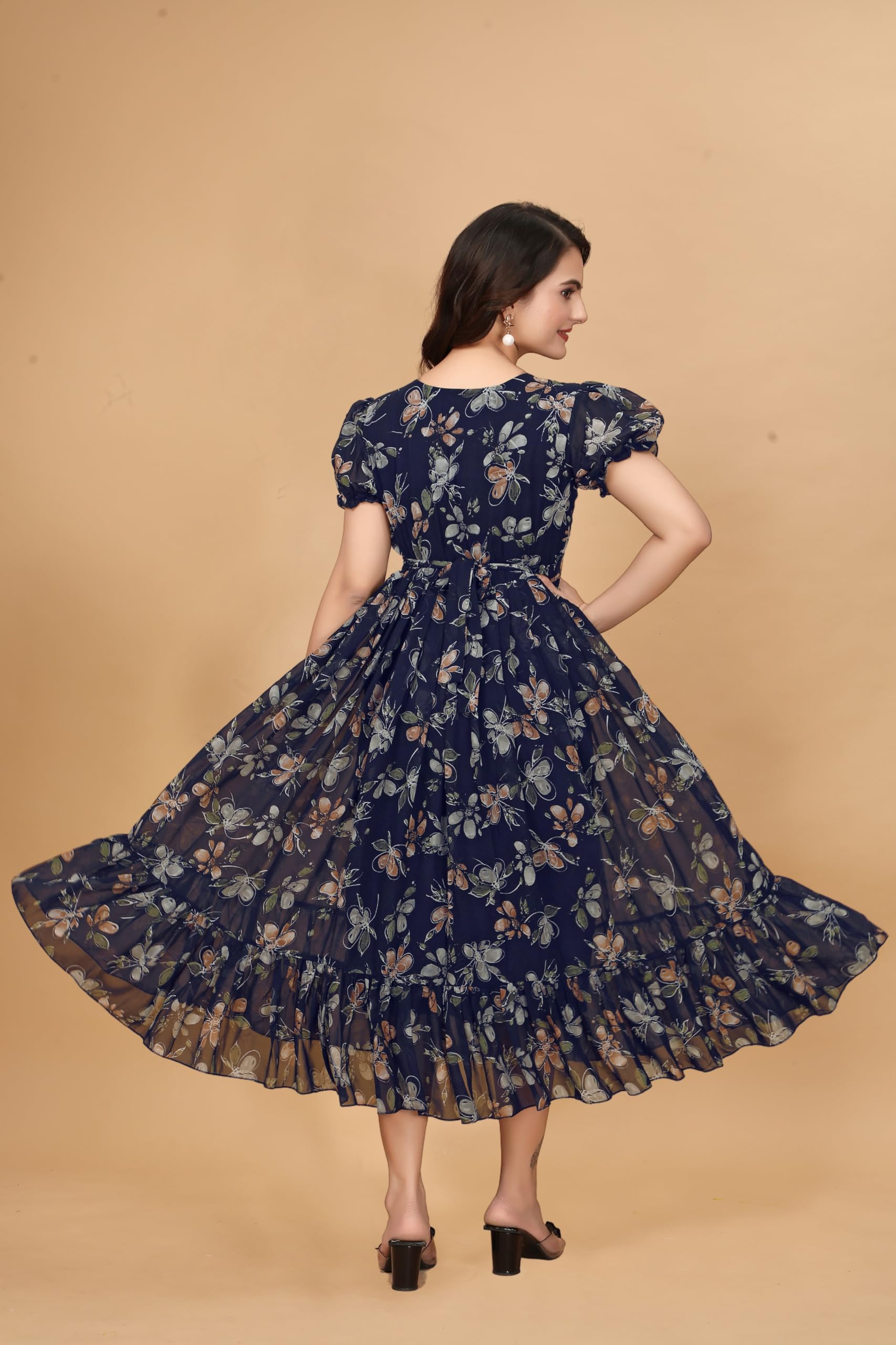 GarbGlide Women's Georgette Floral Maxi Dress - Navy Blue - Image 4