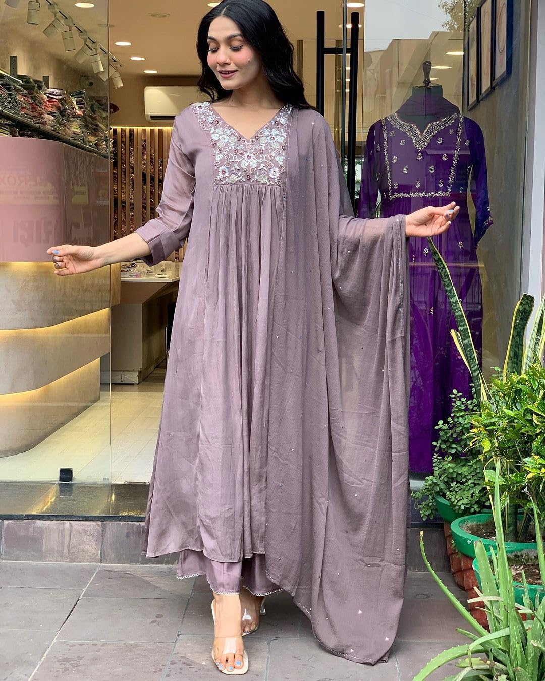 ANNI DESIGNER Women's Rayon Blend Kurta with Pant & Dupatta - Lavender - Image 3