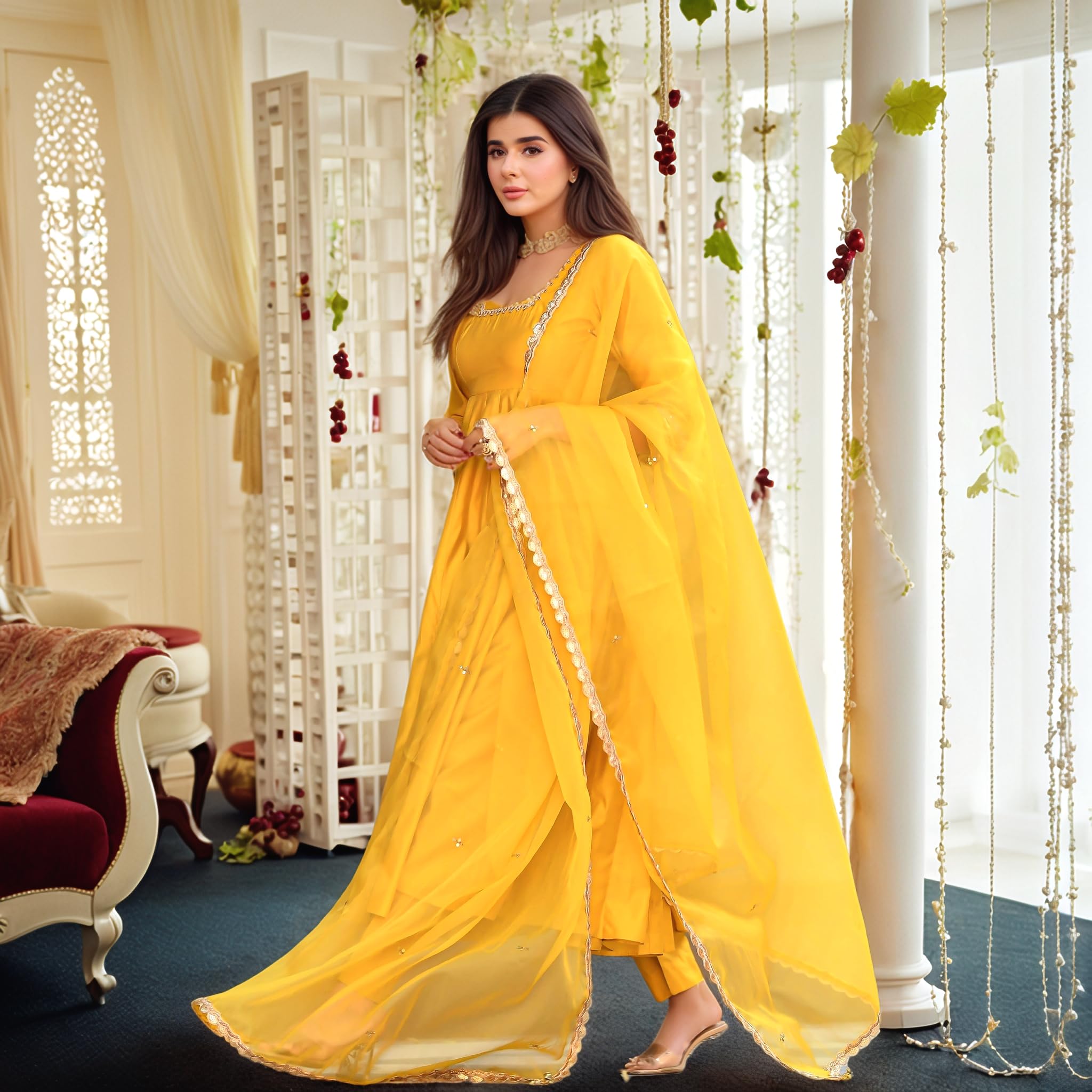 Yellow Rayon Viscose Anarkali Kurta Set for Women - Image 3