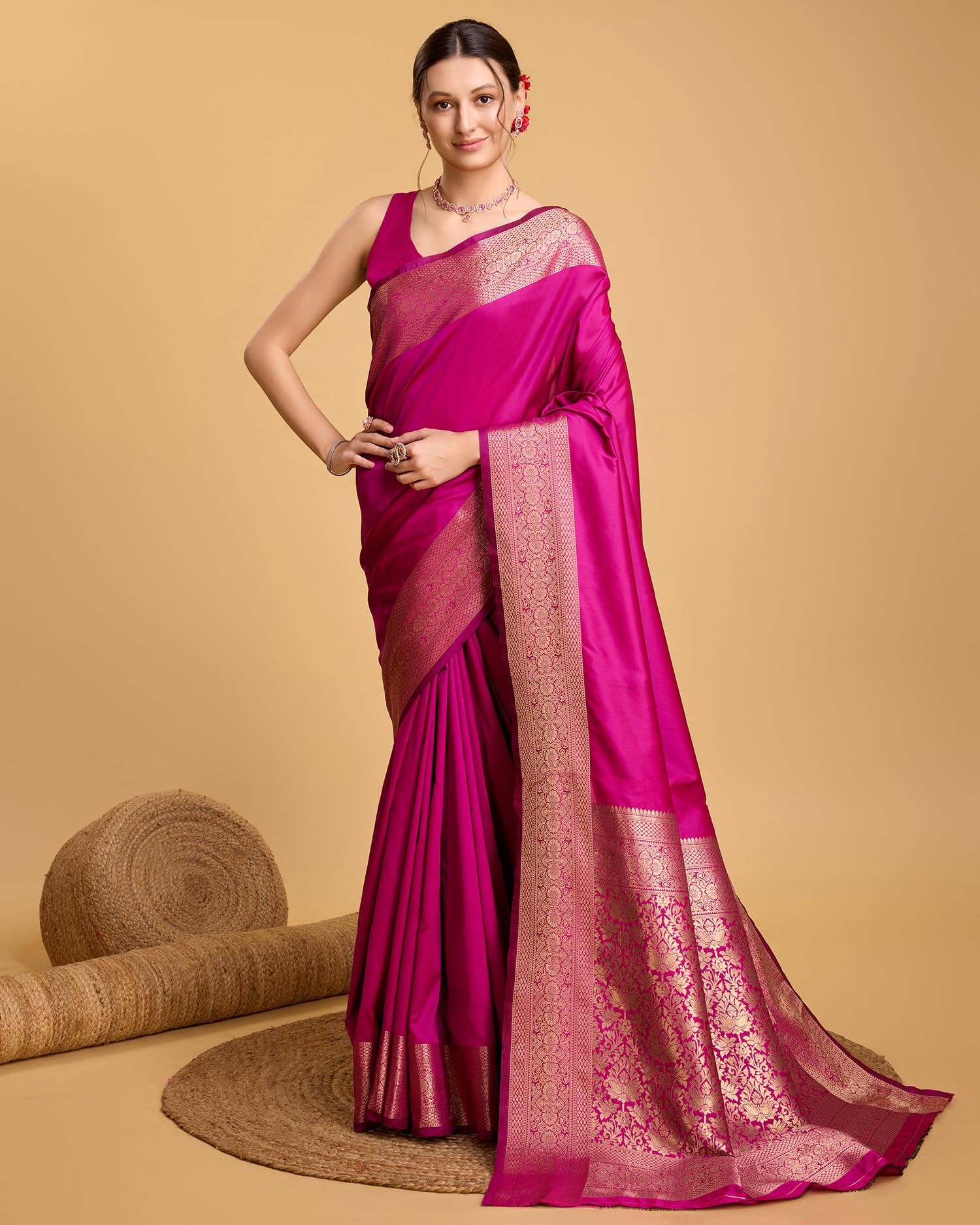 SWORNOF Women's Kanjivaram Saree - Dark Pink - Image 2