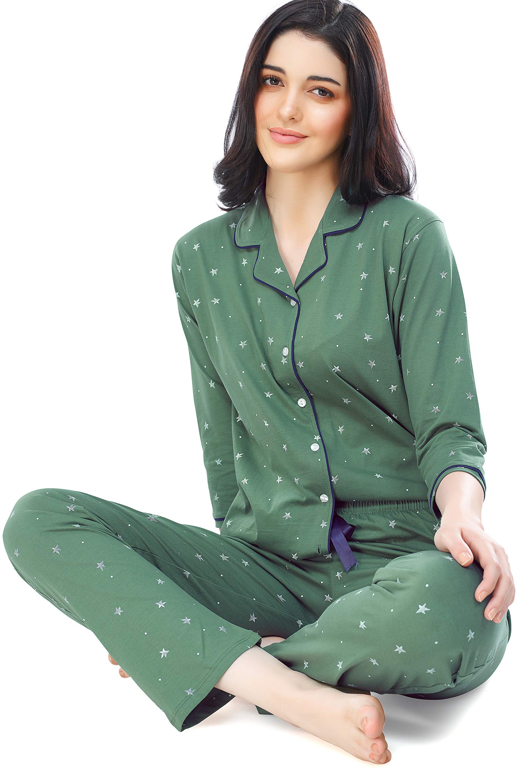ZEYO Women's Cotton Star Printed Green Night Suit - Image 5
