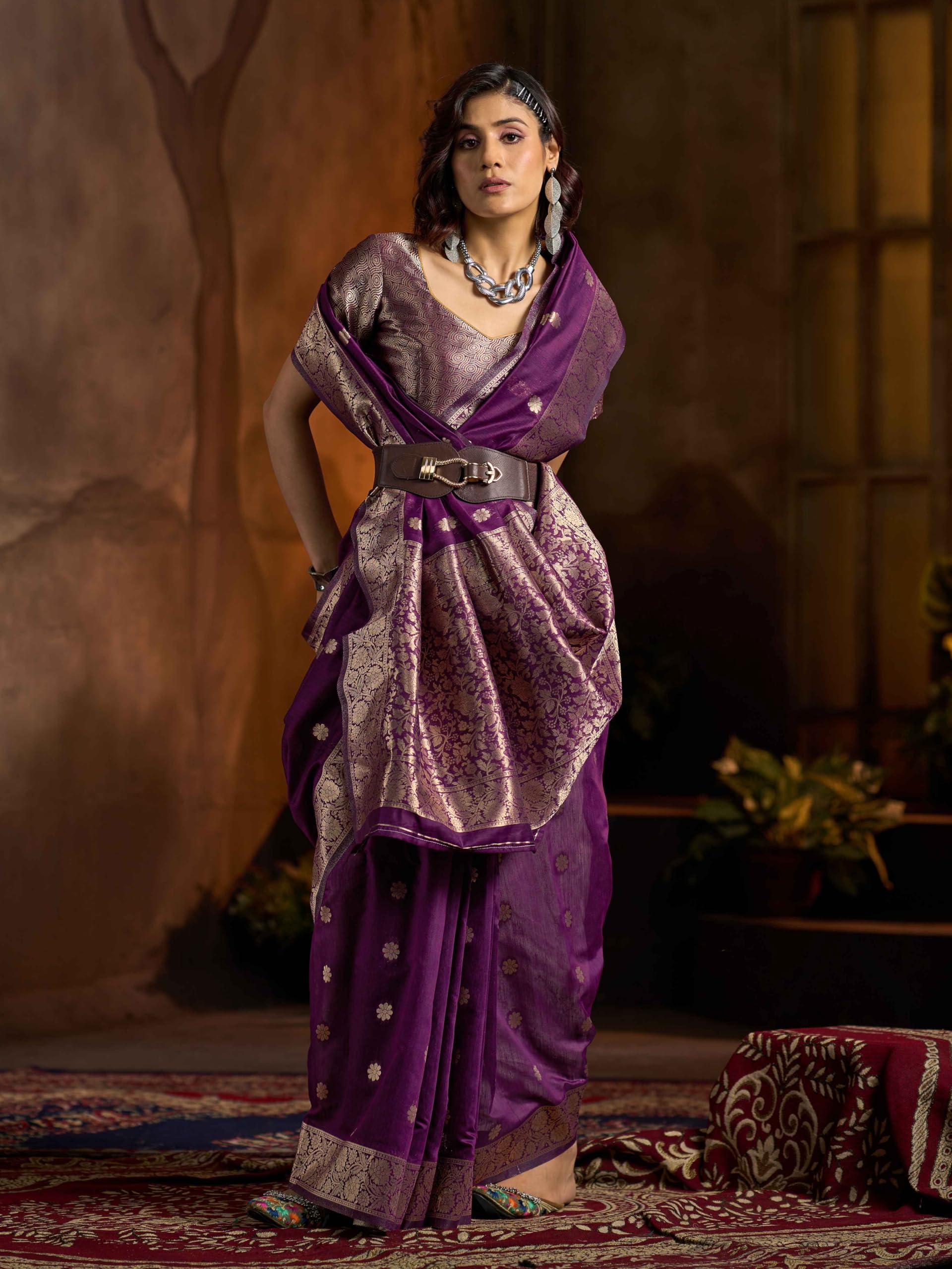 SWORNOF Womens Linen Silk Saree - Image 4