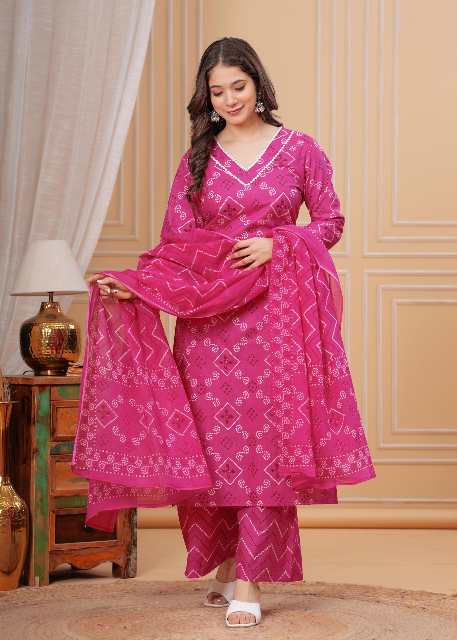 MEERA FAB Women Bandhani Printed Kurta with Palazzo & Dupatta - Pink - Image 2