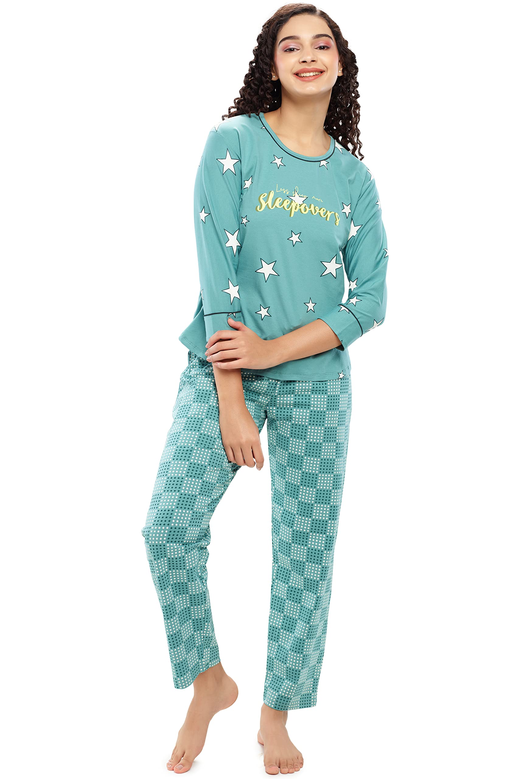 ZEYO Women's Cotton Star Printed Night Suit - Green