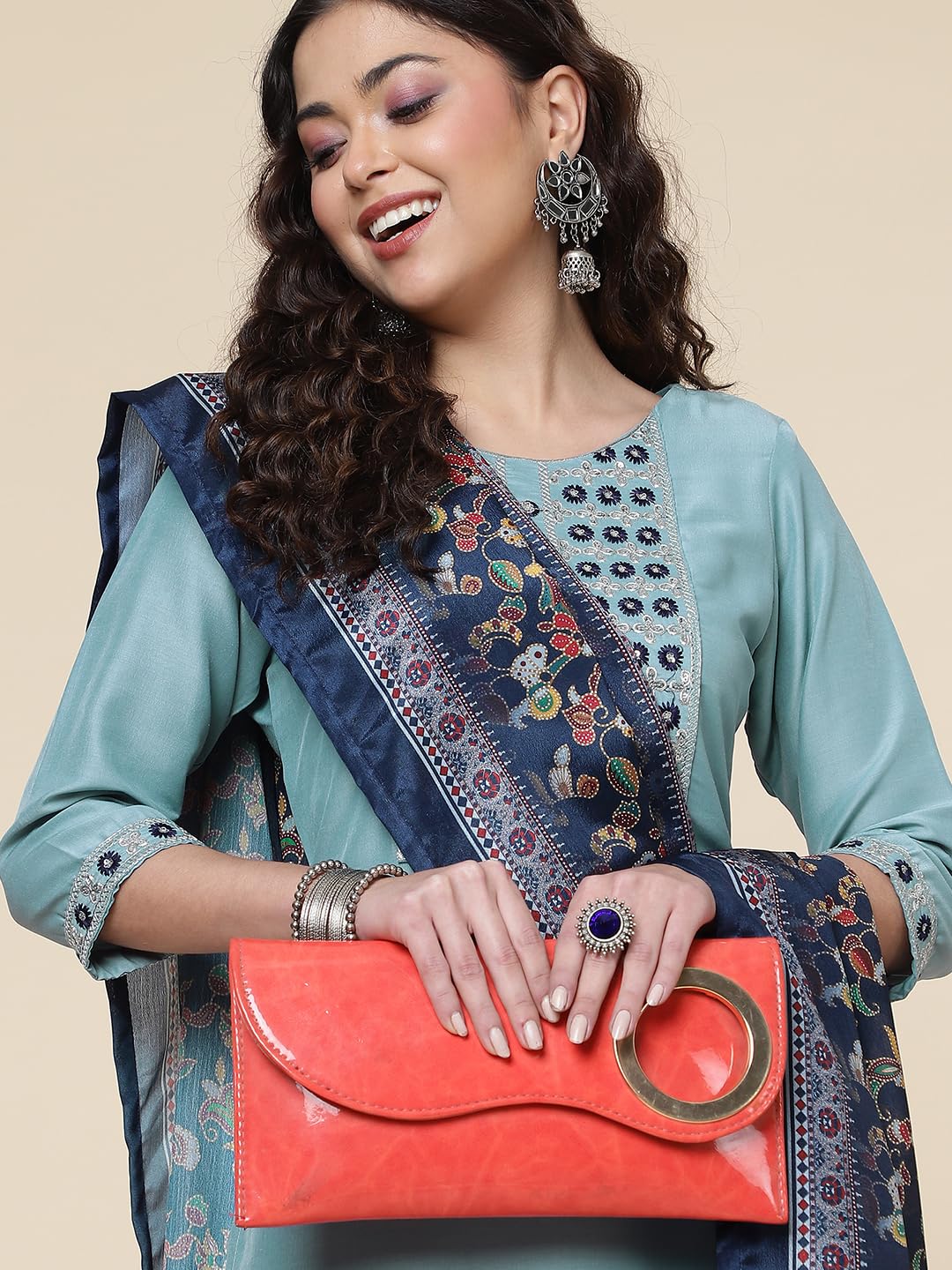 Shiv Textiles Silk Embroidered Kurta Set for Women - Sky Blue - Image 2