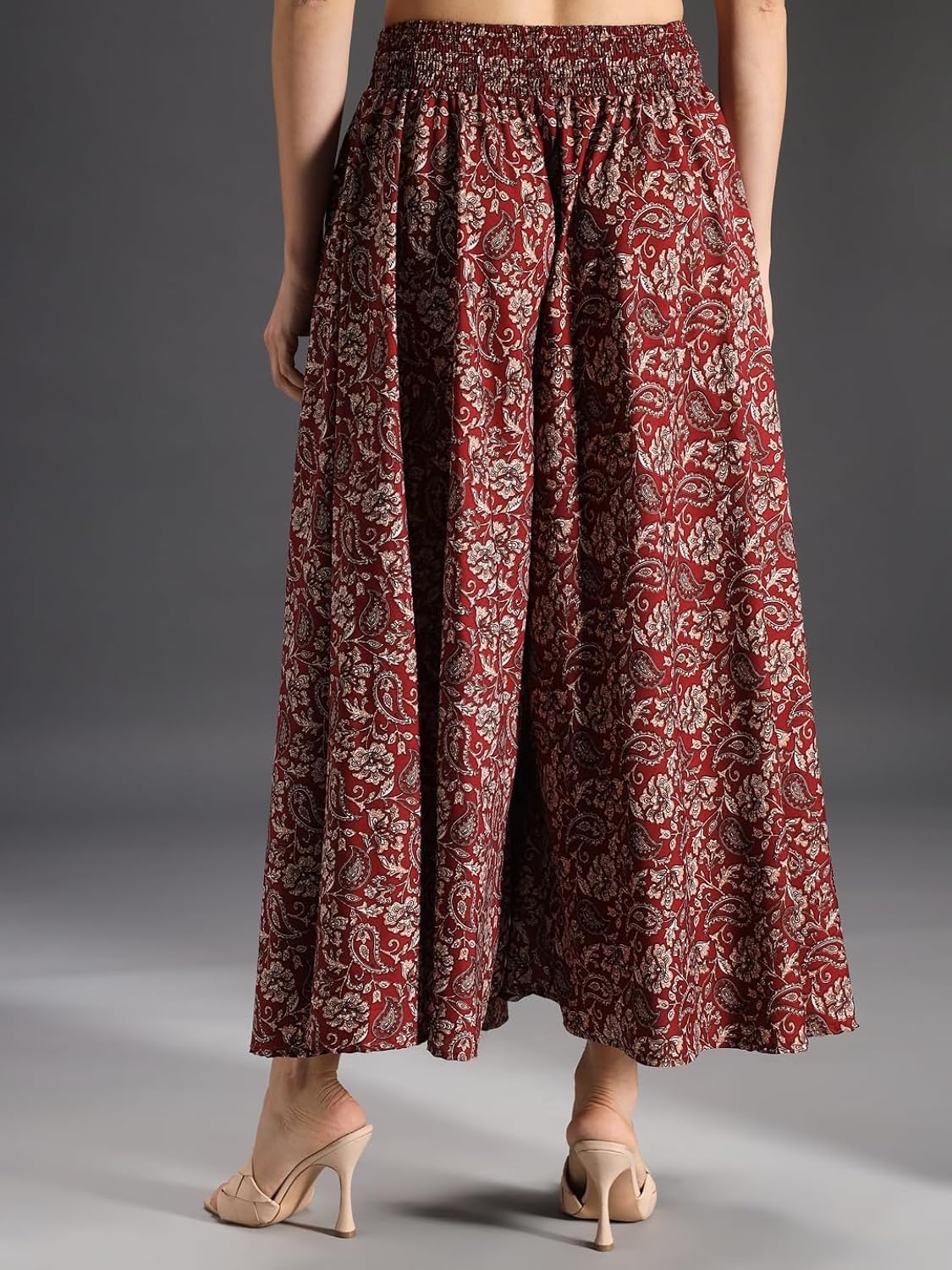 SCUBE DESIGNS Maroon Floral Viscose Crepe Flared Palazzo Pants for Women - Image 3